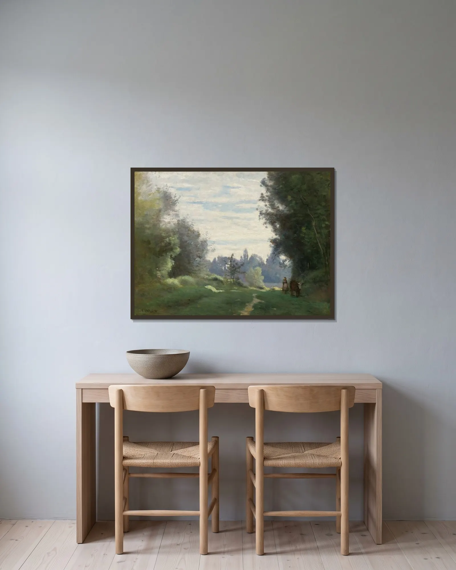 Rayons Du Matin (La Vache Allant Aux Champs) av Jean-Baptiste-Camille Corot inramad på en vägg
