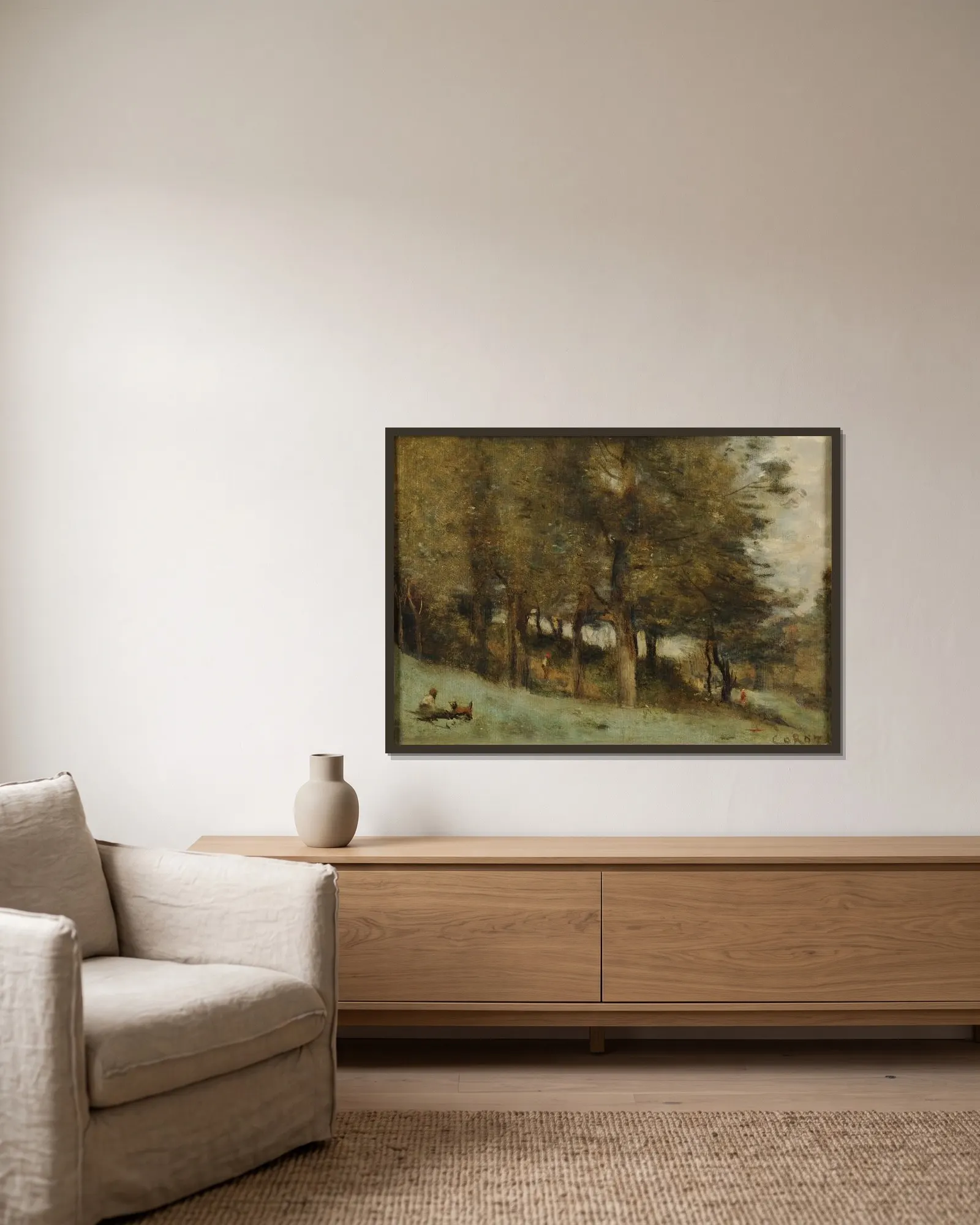 Sous-bois – nr 2 av Jean-Baptiste-Camille Corot inramad på en vägg