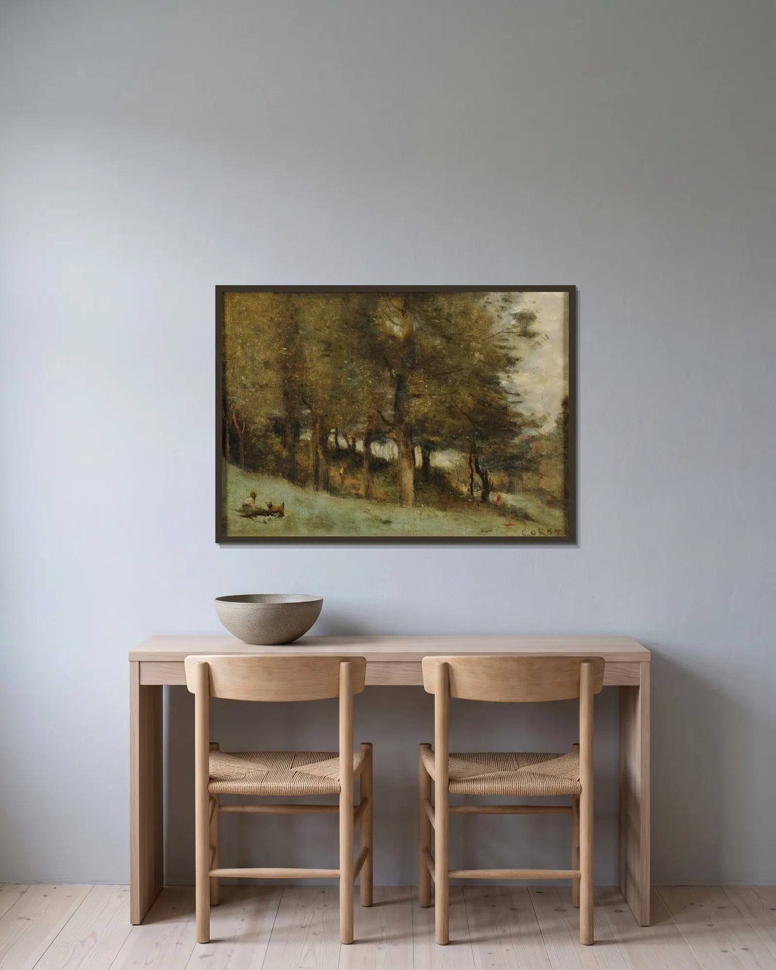 Sous-bois – nr 2 av Jean-Baptiste-Camille Corot inramad på en vägg