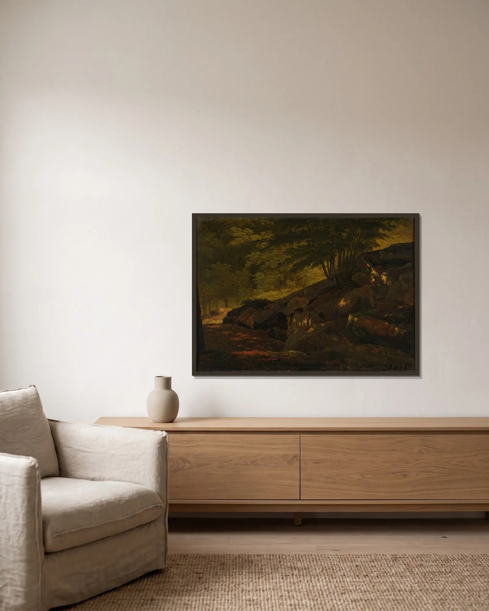 Sous-bois av Jean-Baptiste-Camille Corot inramad på en vägg