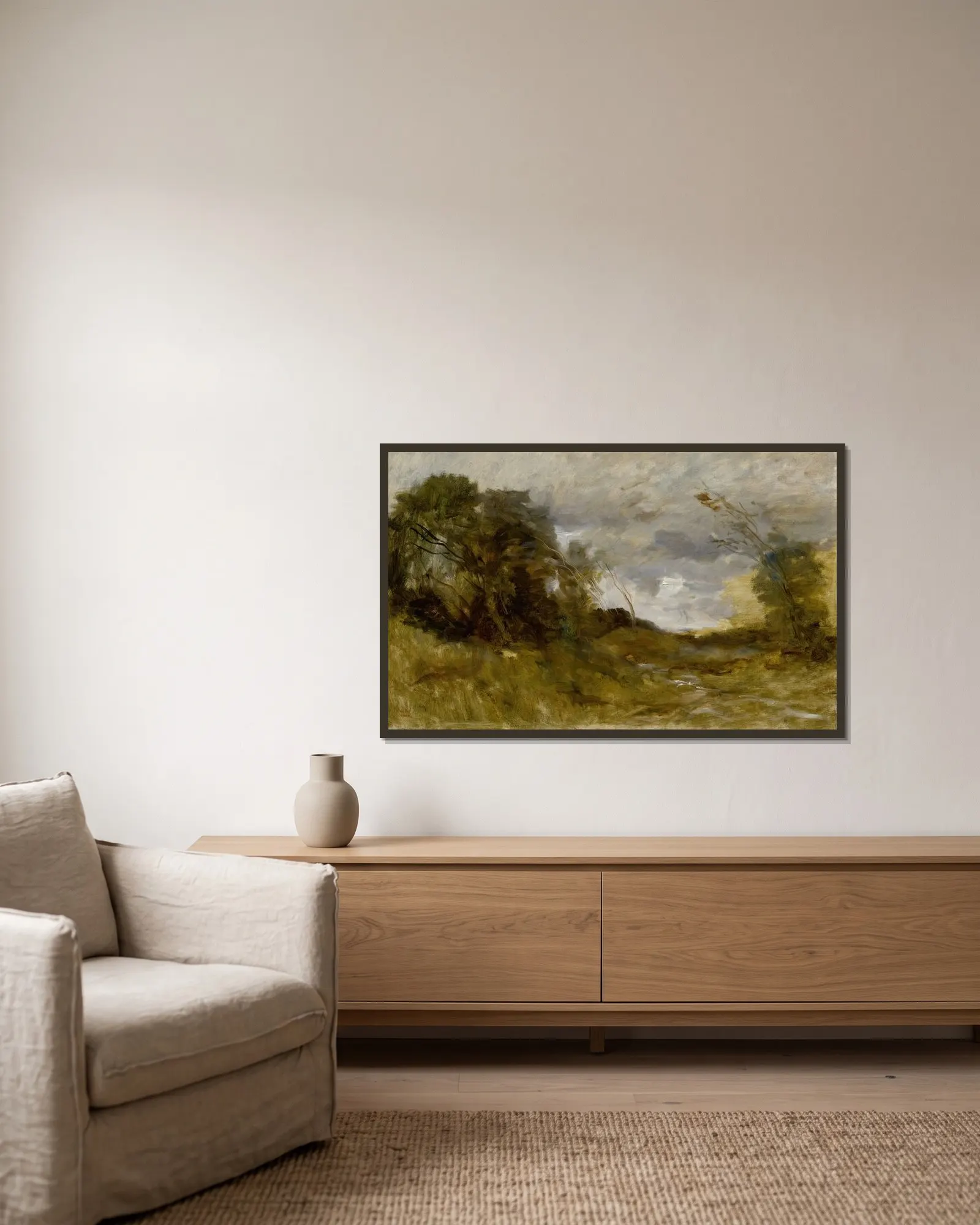 Vallée Solitaire av Jean-Baptiste-Camille Corot inramad på en vägg