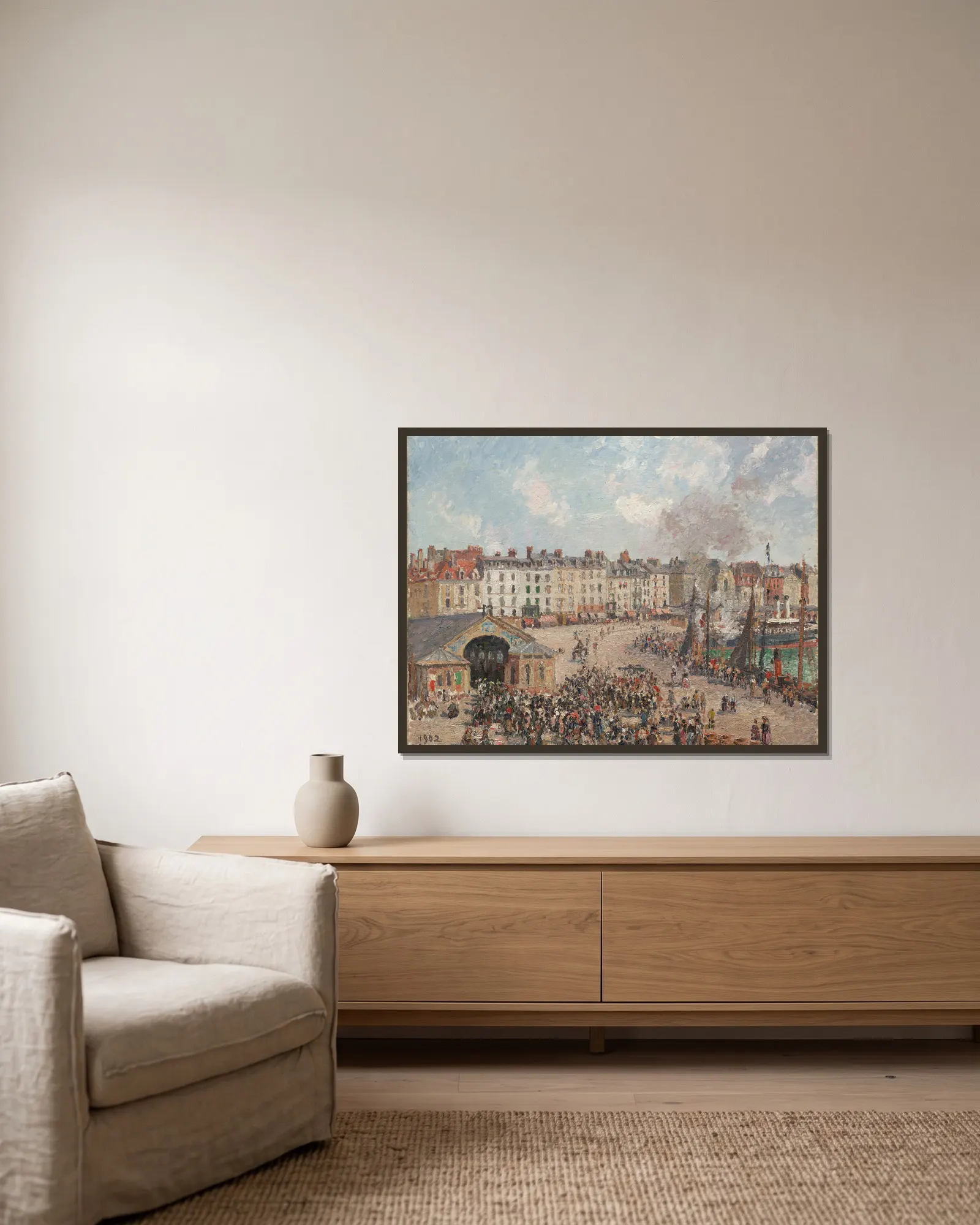 Fishmarket av Camille Pissarro inramad på en vägg