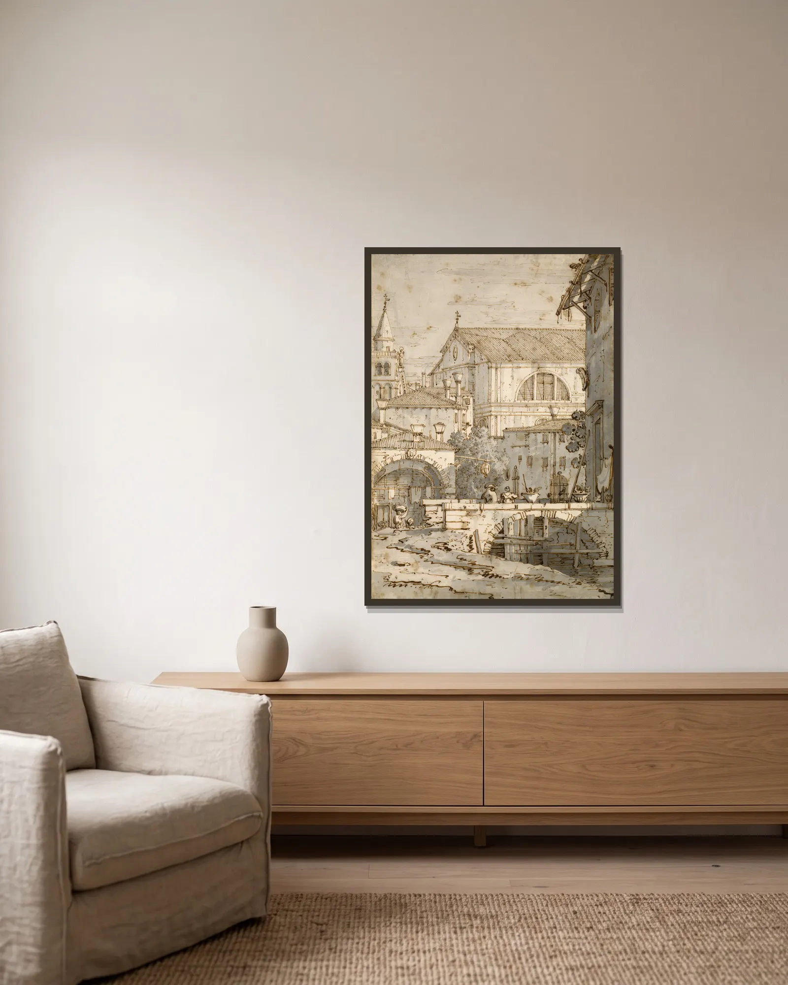 Architectural Capriccio av Canaletto inramad på en vägg