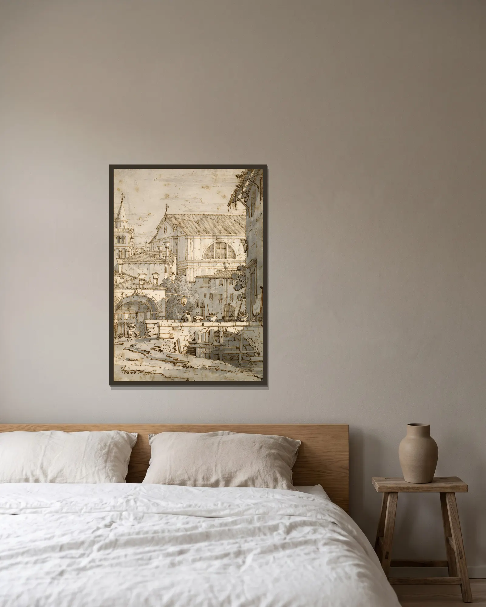 Architectural Capriccio av Canaletto inramad på en vägg