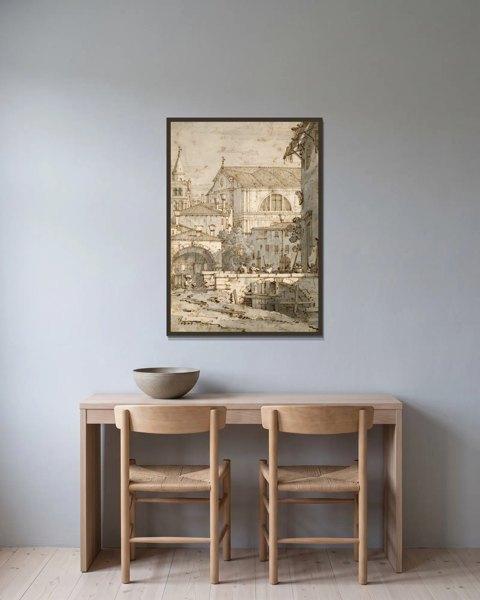 Architectural Capriccio av Canaletto inramad på en vägg