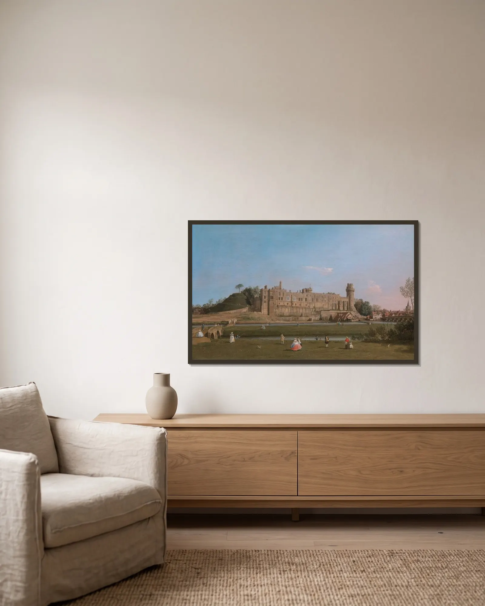 Warwick Castle (1748 to 1749) av Canaletto inramad på en vägg