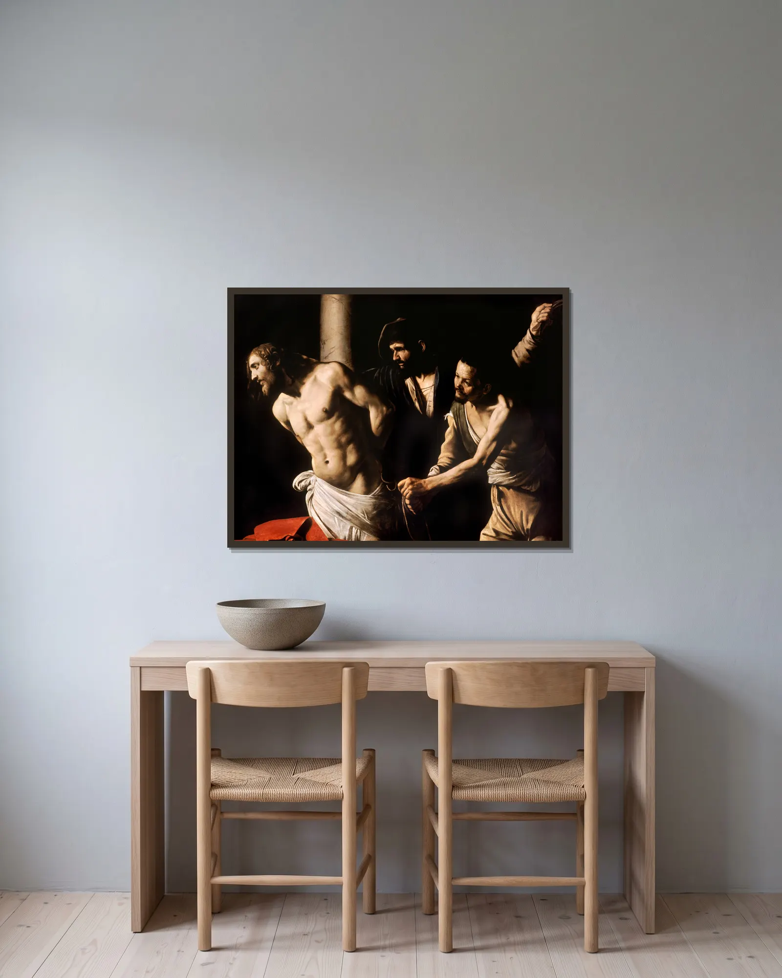 Christ at the Column av Caravaggio inramad på en vägg