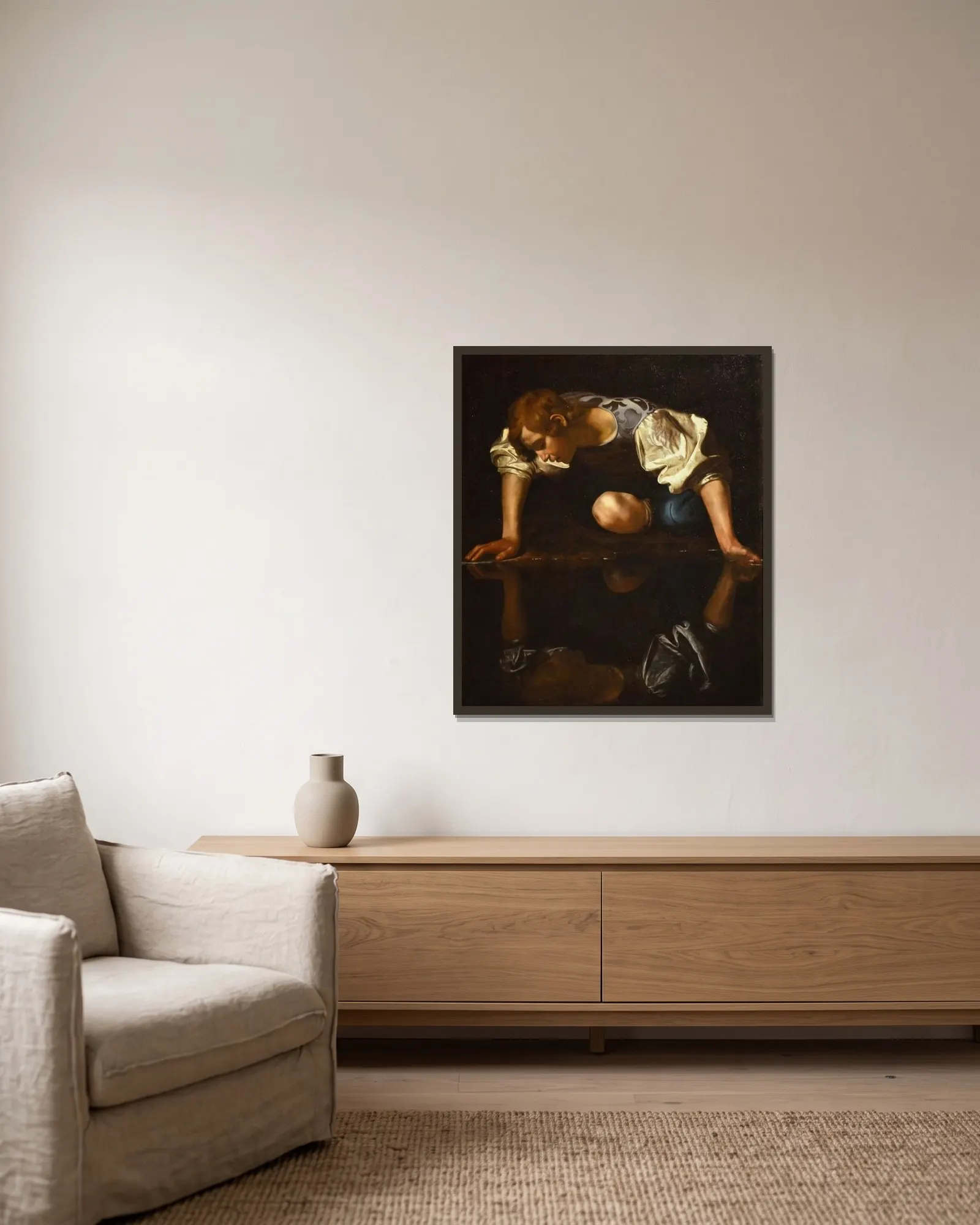 Narcissus av Caravaggio inramad på en vägg