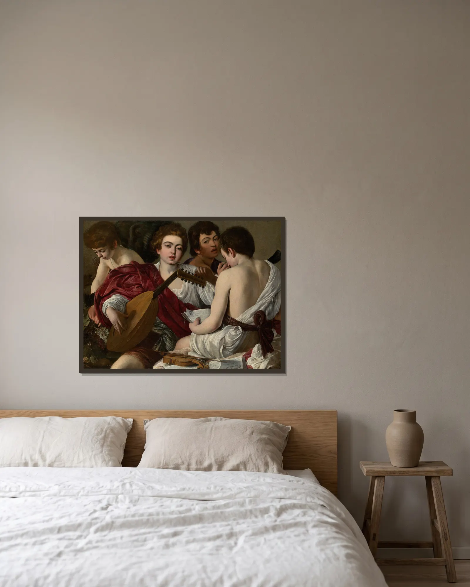 The Musicians av Caravaggio inramad på en vägg