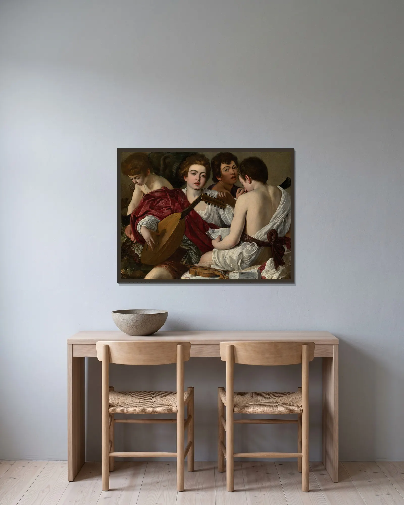 The Musicians av Caravaggio inramad på en vägg
