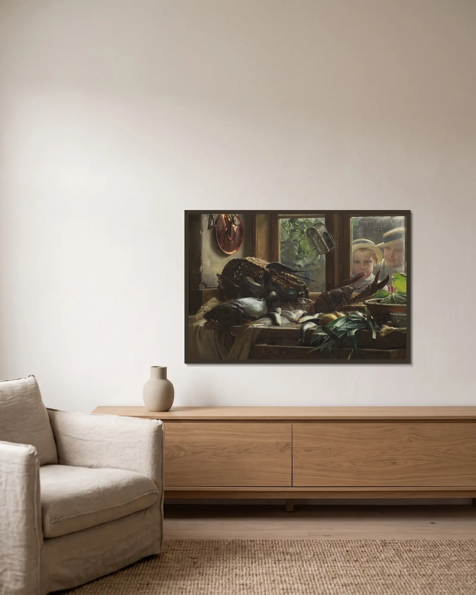 Still Life With Fish av Carl Bloch inramad på en vägg