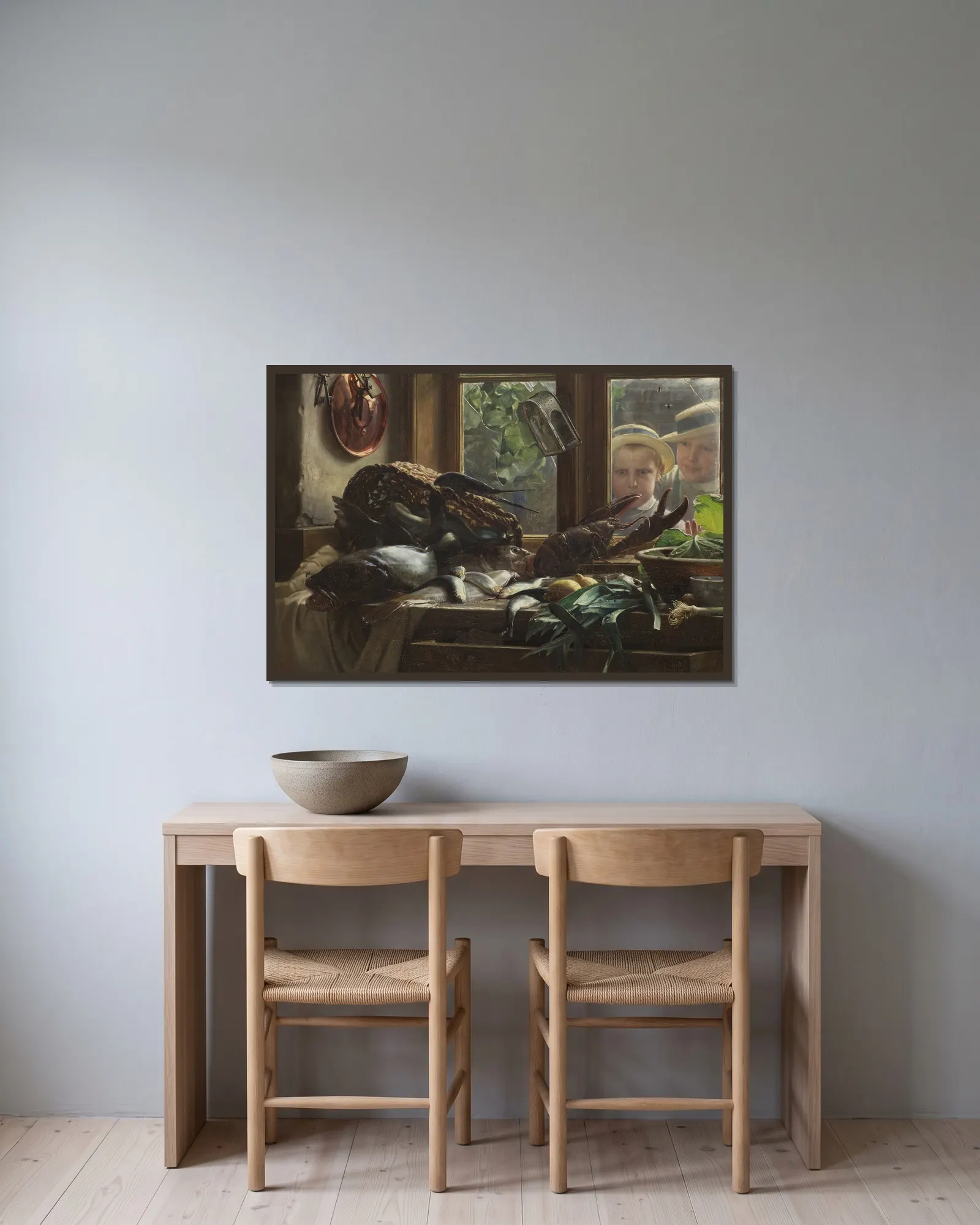 Still Life With Fish av Carl Bloch inramad på en vägg