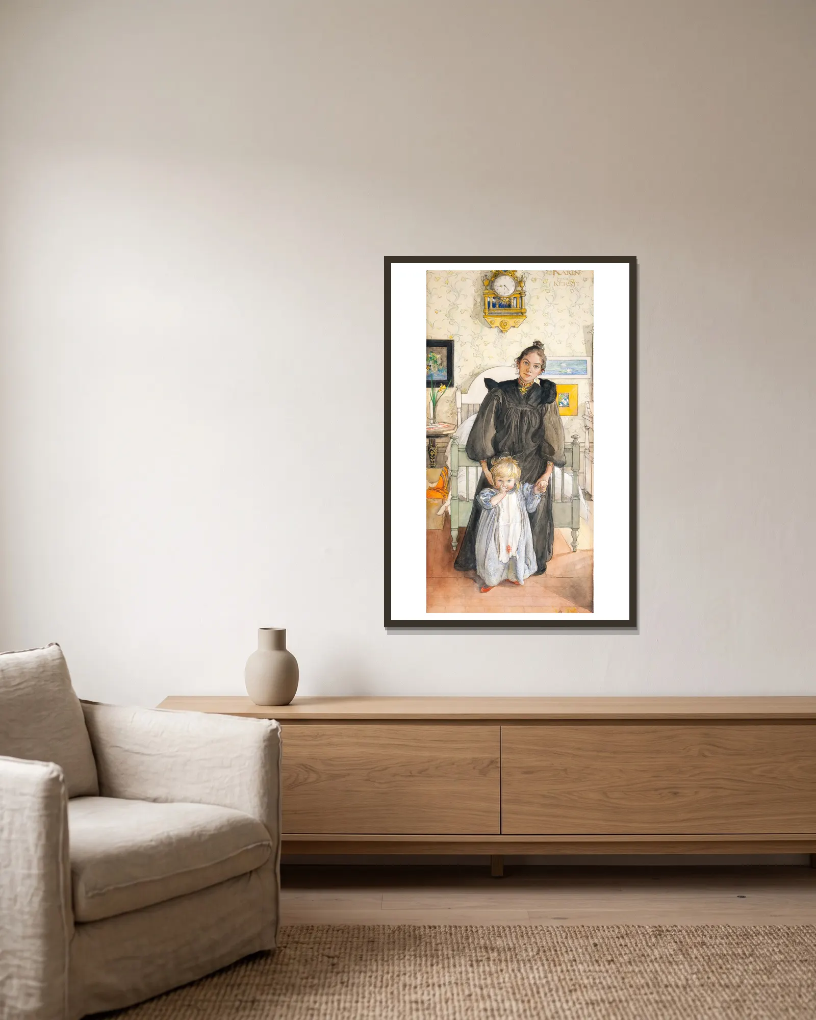 Karin och Kersti av Carl Larsson inramad på en vägg