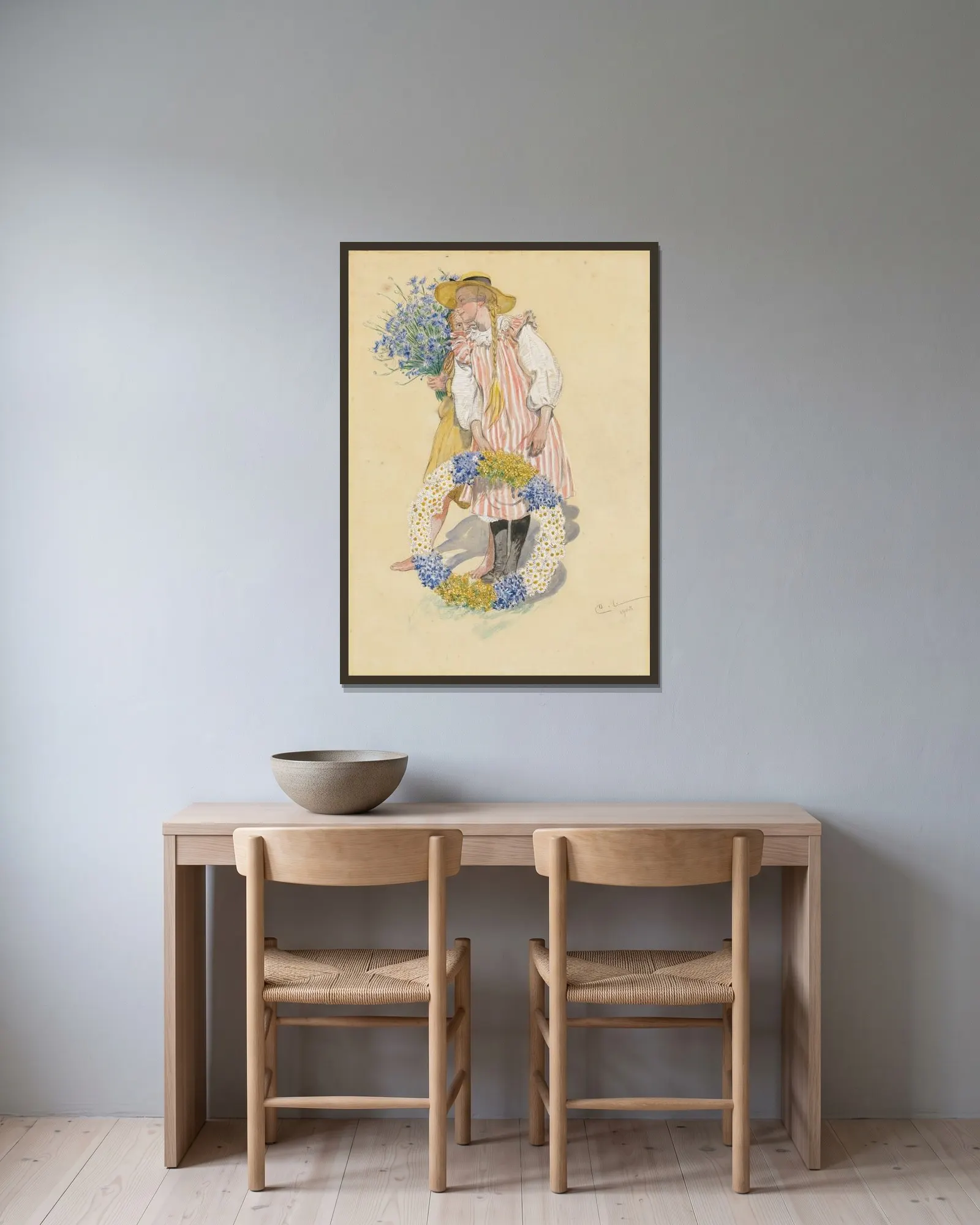 Lisbeth och Brita av Carl Larsson inramad på en vägg