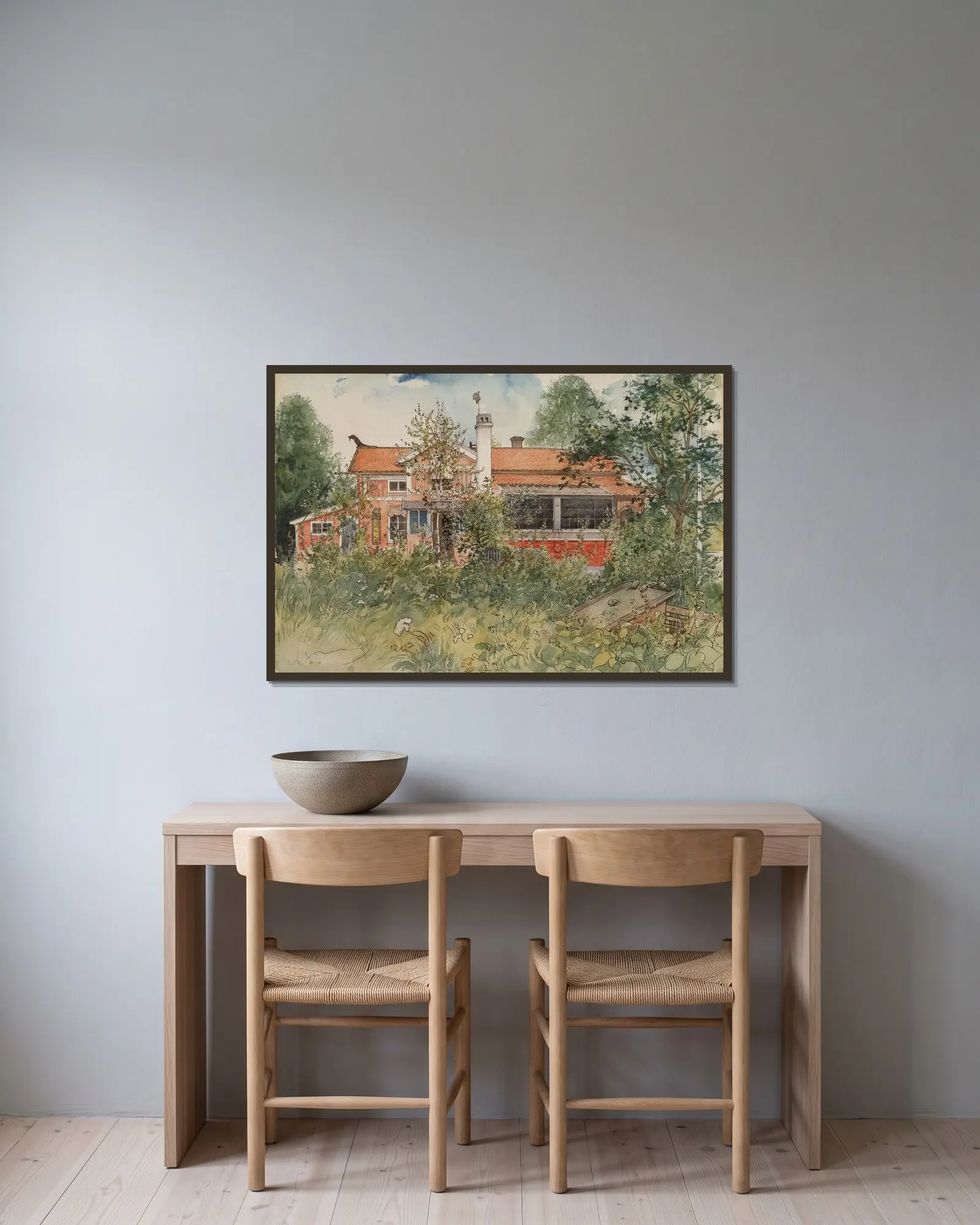 The Cottage av Carl Larsson inramad på en vägg