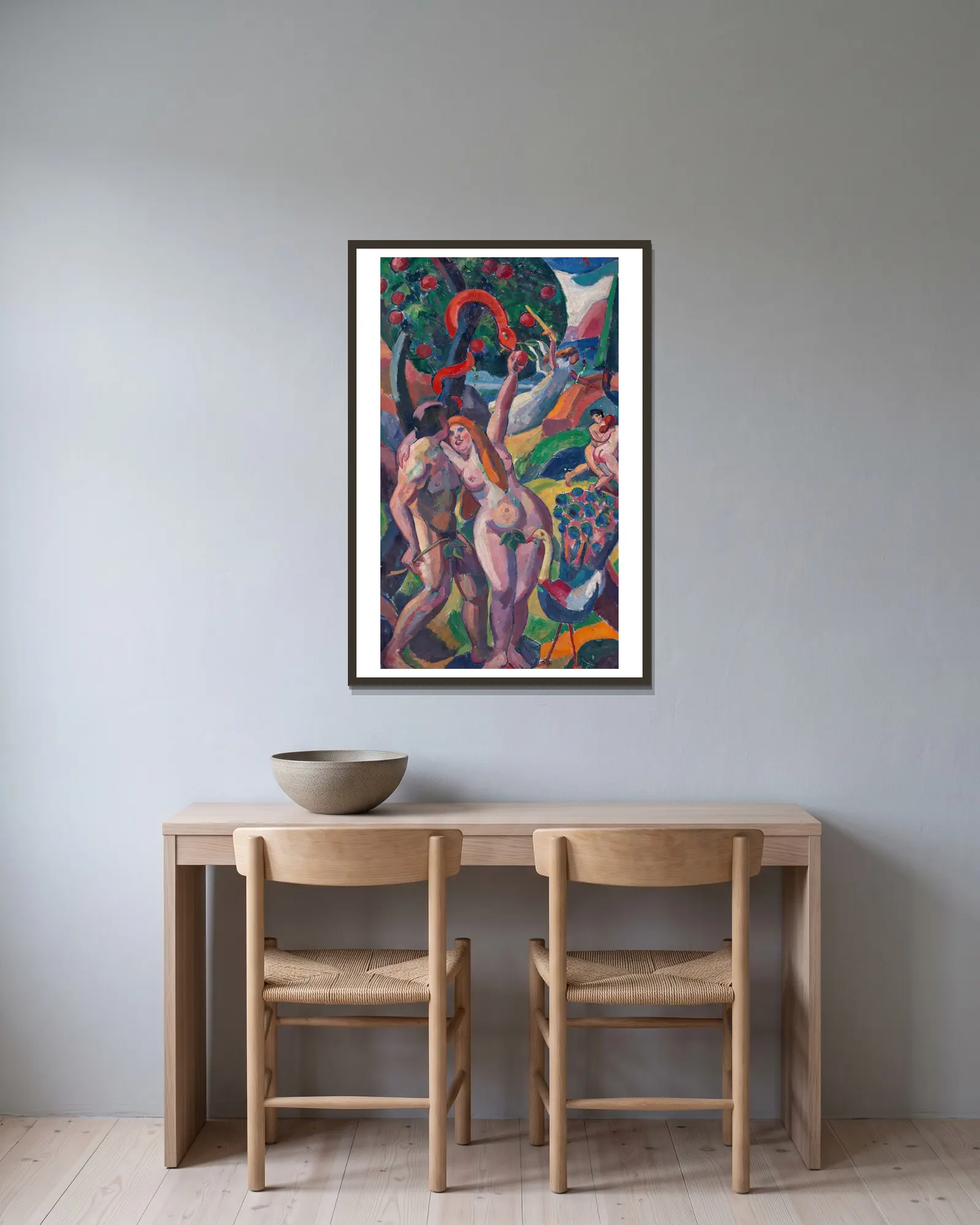 Adam and Eve av Carl Newman inramad på en vägg
