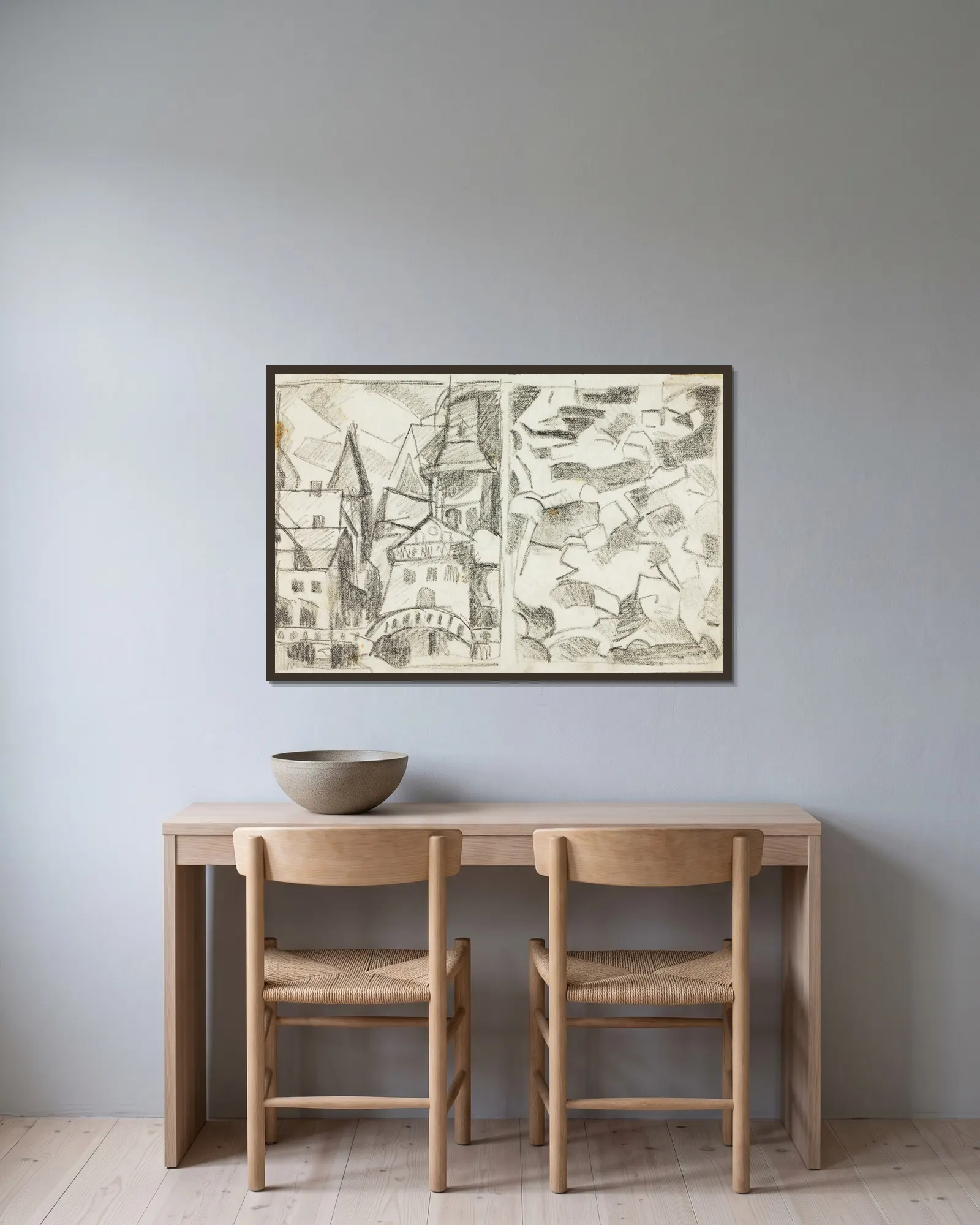 City Scene–Abstract av Carl Newman inramad på en vägg