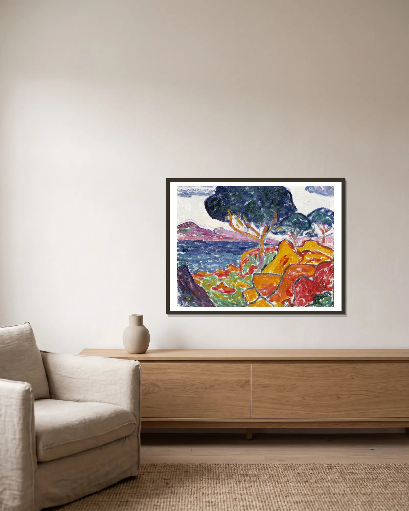 Landscape av Carl Newman inramad på en vägg