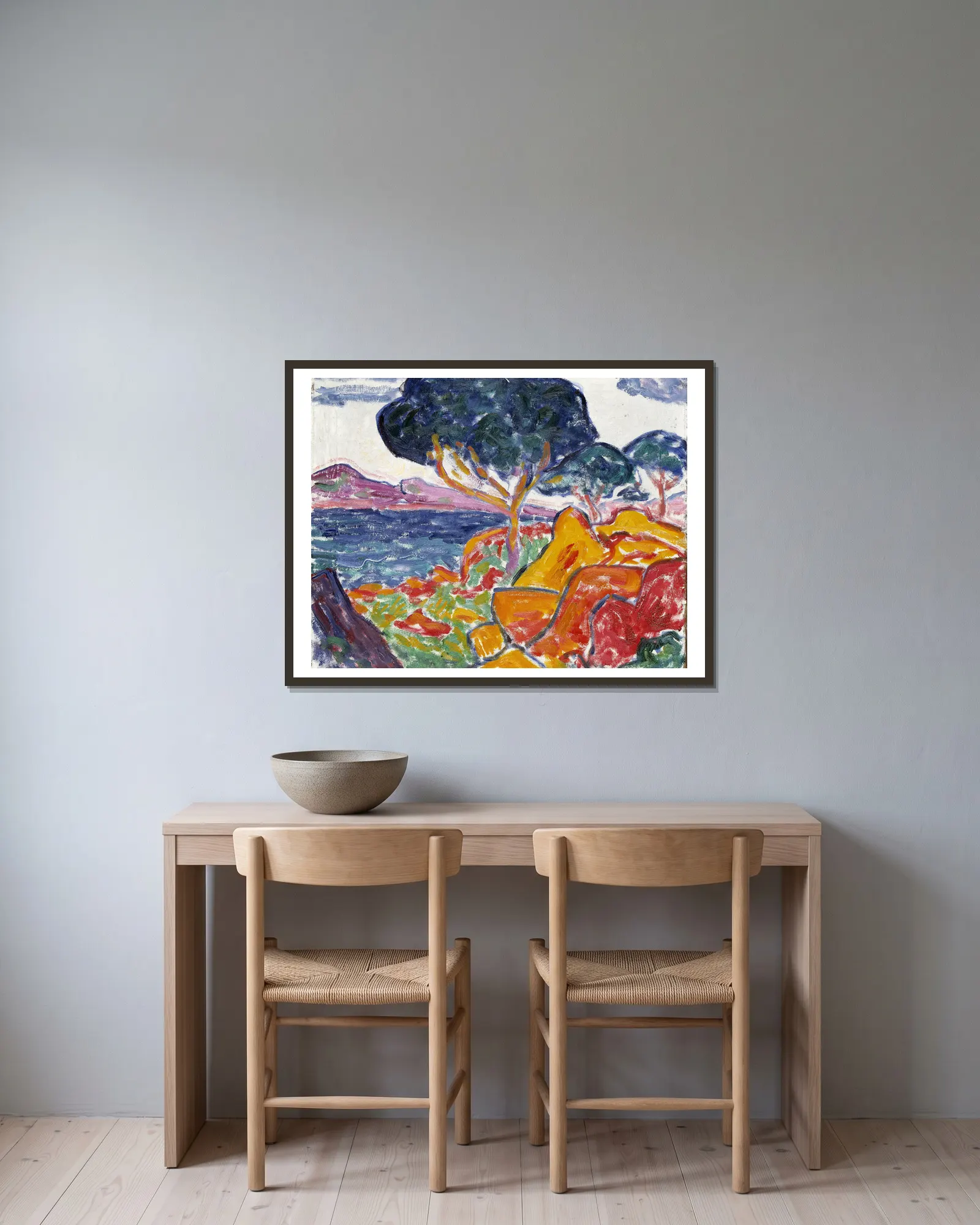 Landscape av Carl Newman inramad på en vägg