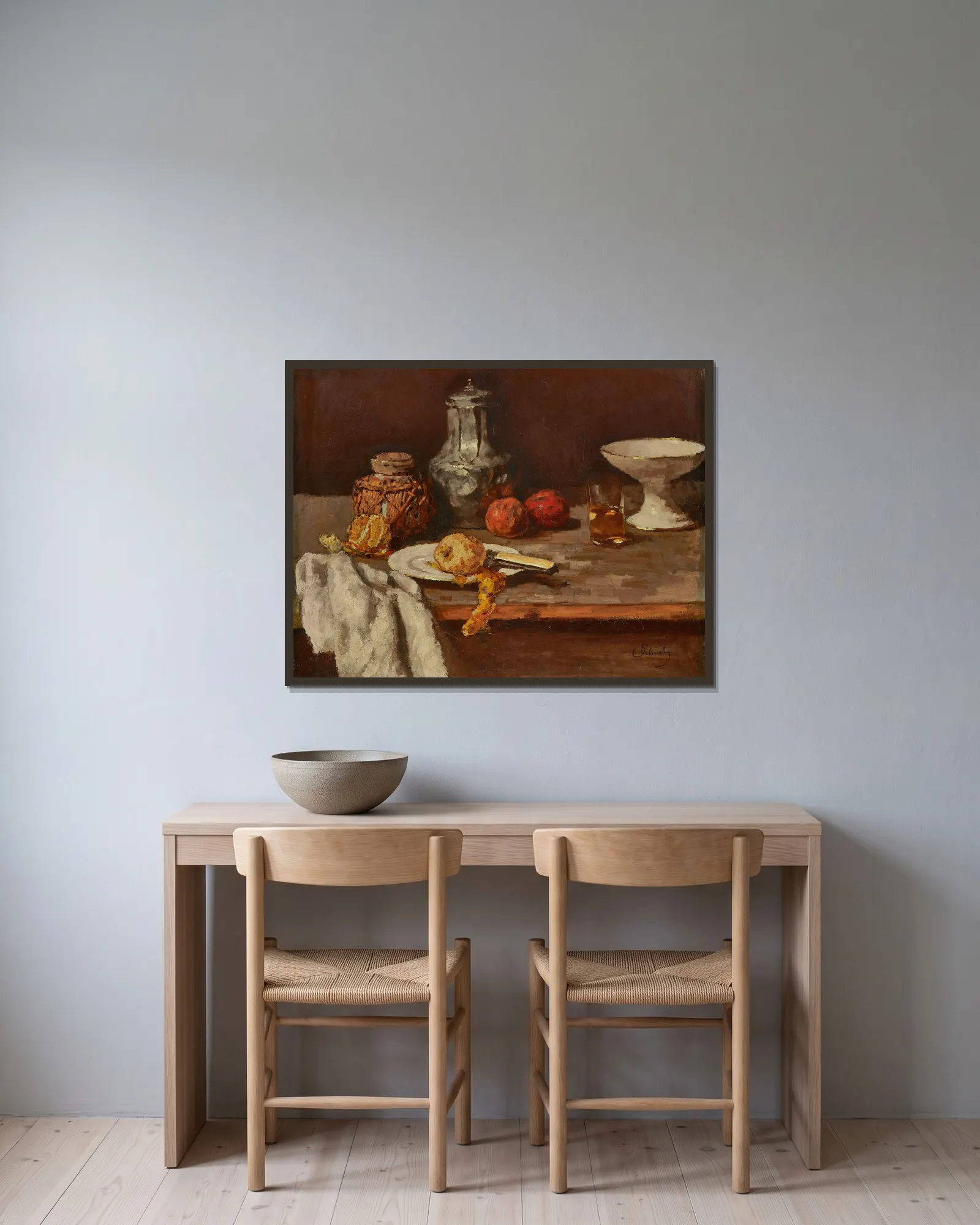 Ingwertopf mit Orangenhälfte av Carl Schuch inramad på en vägg