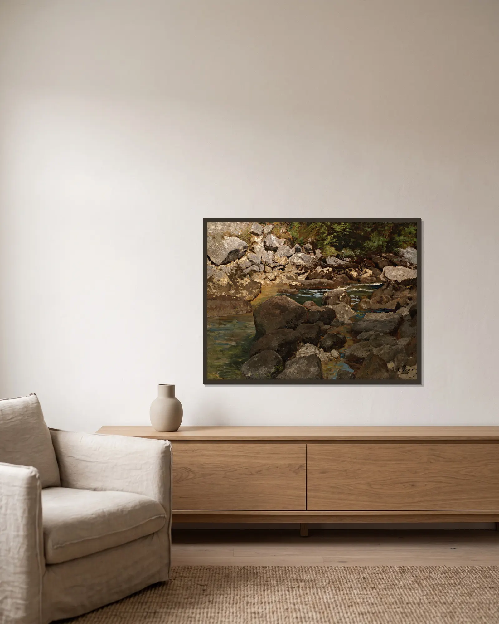 Mountain Stream with Boulders av Carl Schuch inramad på en vägg