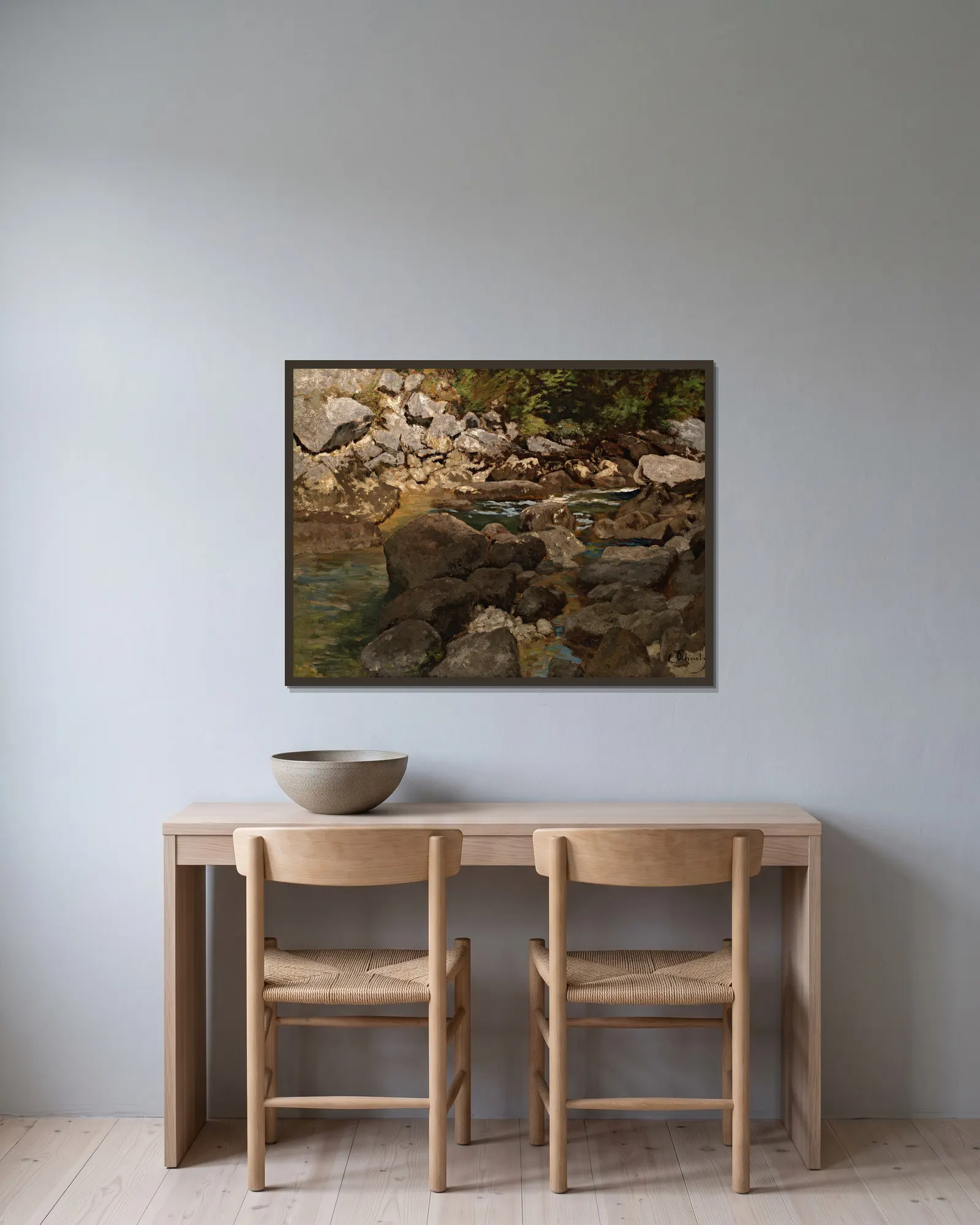 Mountain Stream with Boulders av Carl Schuch inramad på en vägg