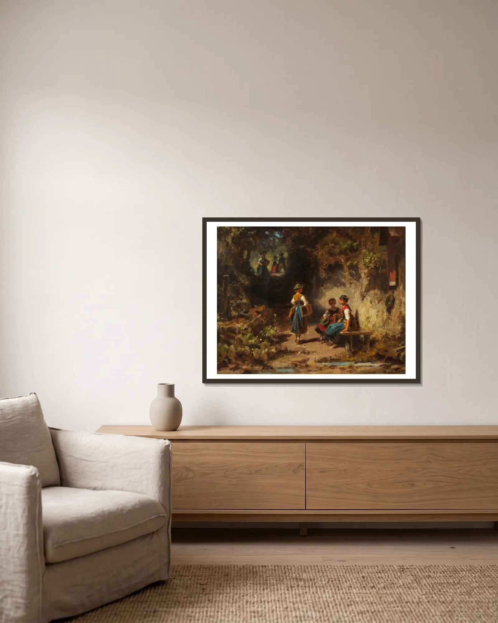 Schulmädchen im Walde av Carl Spitzweg inramad på en vägg