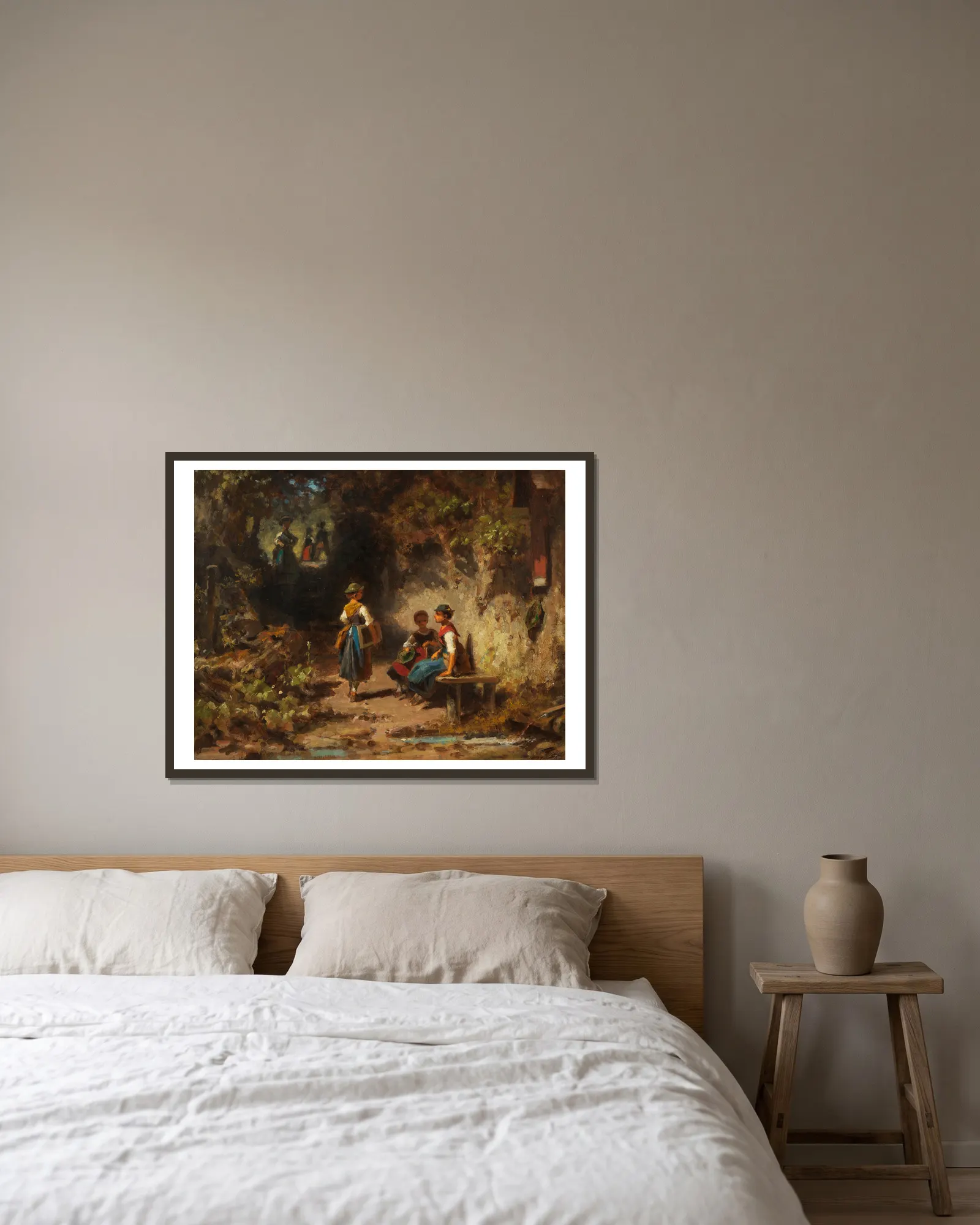 Schulmädchen im Walde av Carl Spitzweg inramad på en vägg