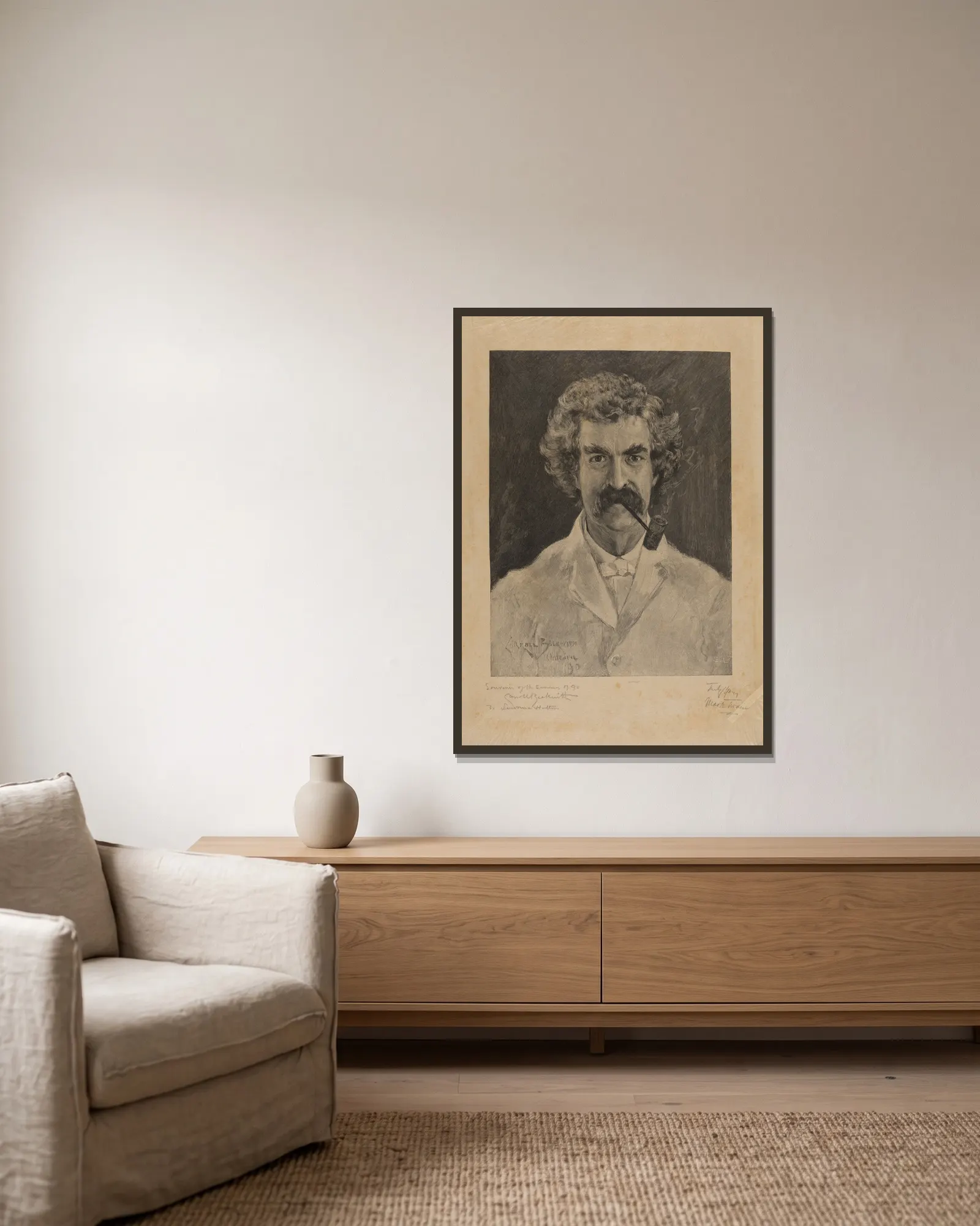 Mark Twain. av James Carroll Beckwith inramad på en vägg