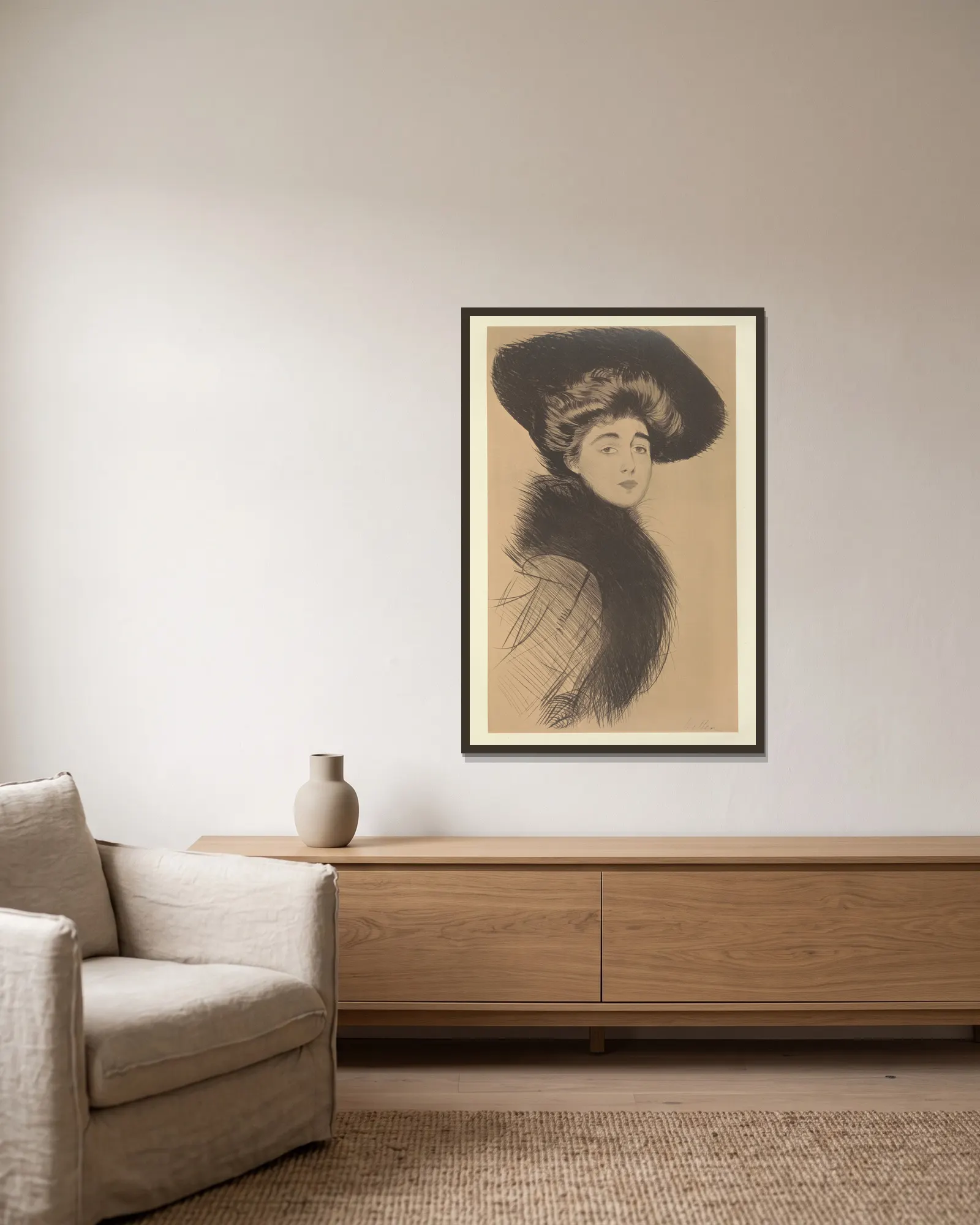 Miss X. av Paul César Helleu inramad på en vägg
