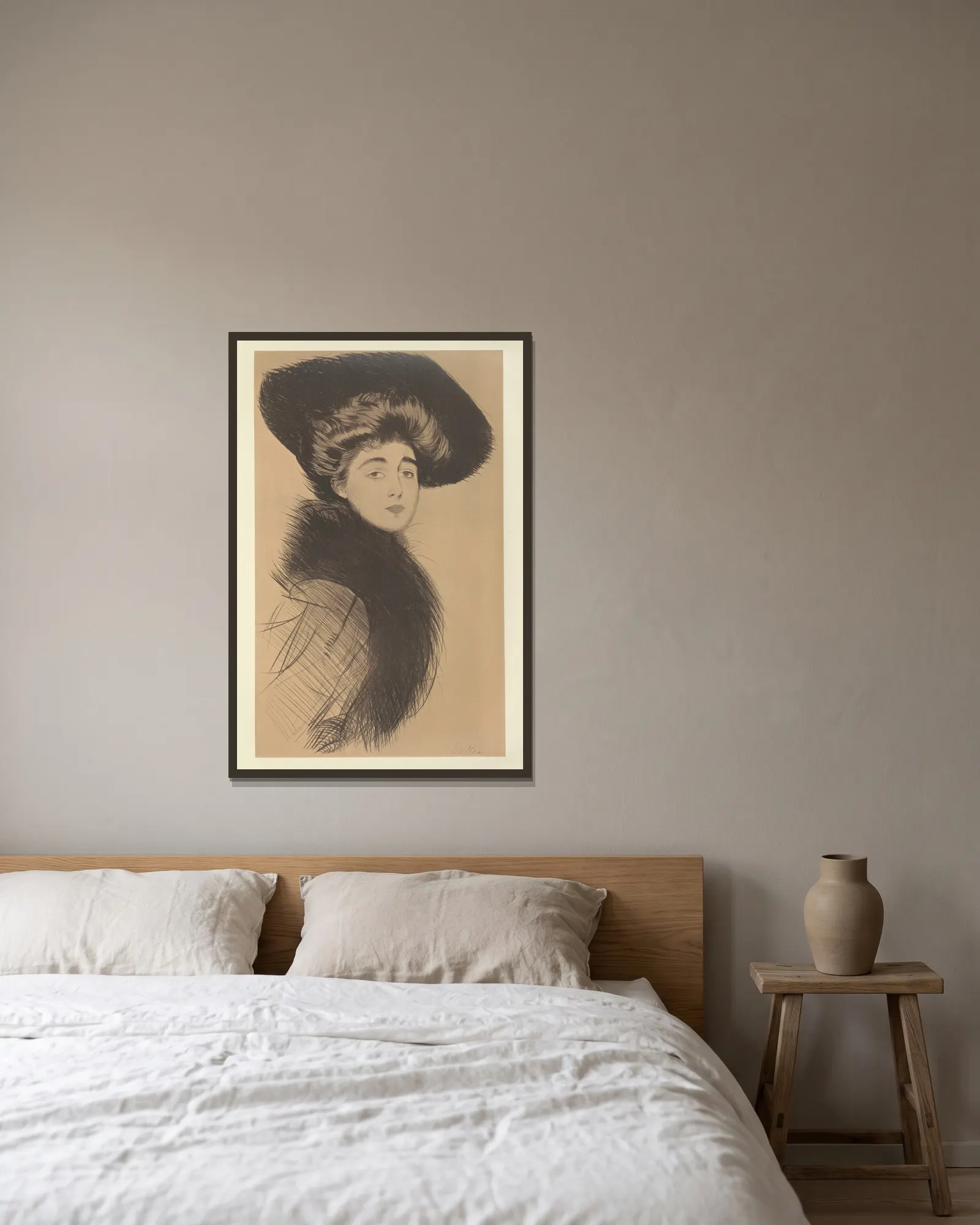 Miss X. av Paul César Helleu inramad på en vägg