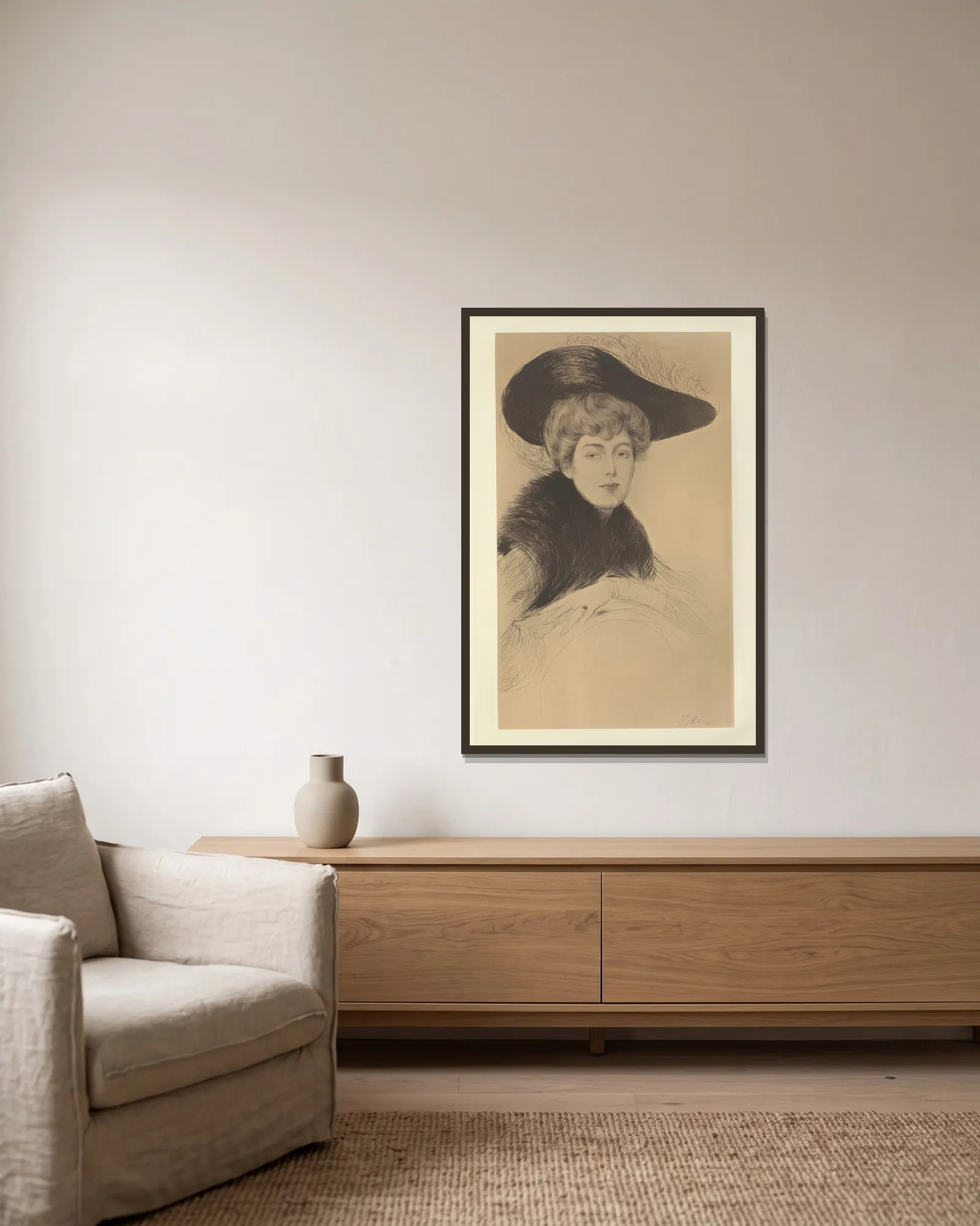 Mrs. Thomas av Paul César Helleu inramad på en vägg