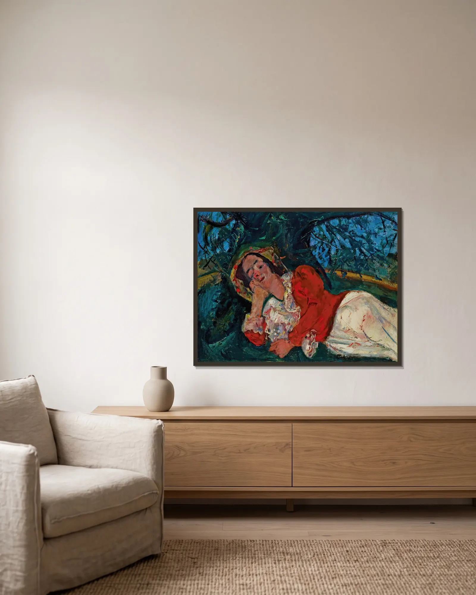 La sieste (Femme étendue sous un arbre) av Chaïm Soutine inramad på en vägg