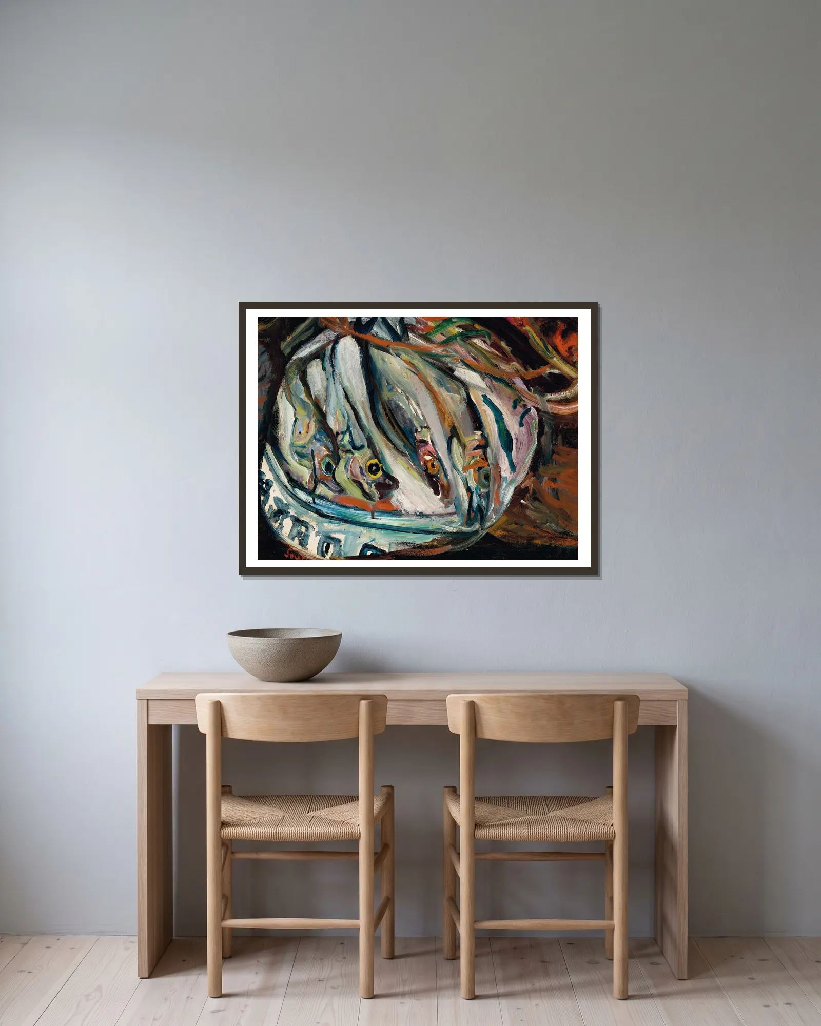 Nature morte aux poissons av Chaïm Soutine inramad på en vägg