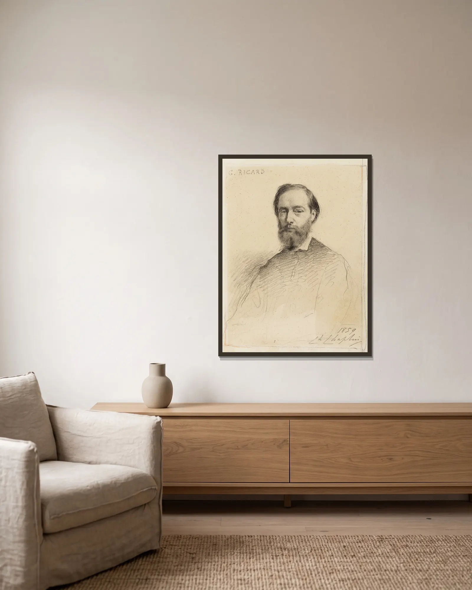 Portrait de Gustave Ricard av Charles Chaplin inramad på en vägg