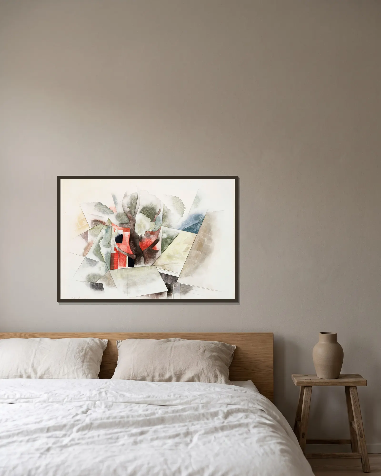 Rooftops and Fantasy av Charles Demuth inramad på en vägg