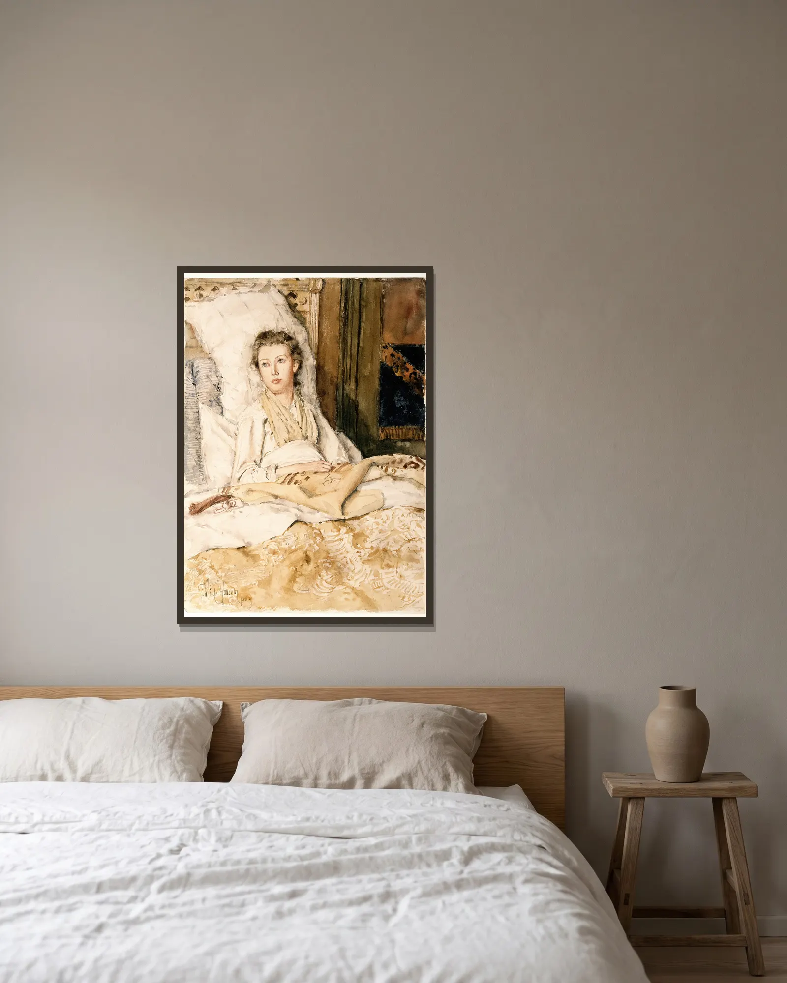 Maud Sewing av Childe Hassam inramad på en vägg