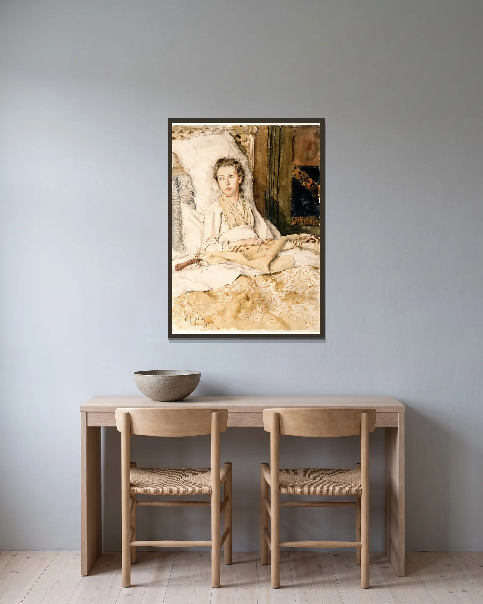 Maud Sewing av Childe Hassam inramad på en vägg