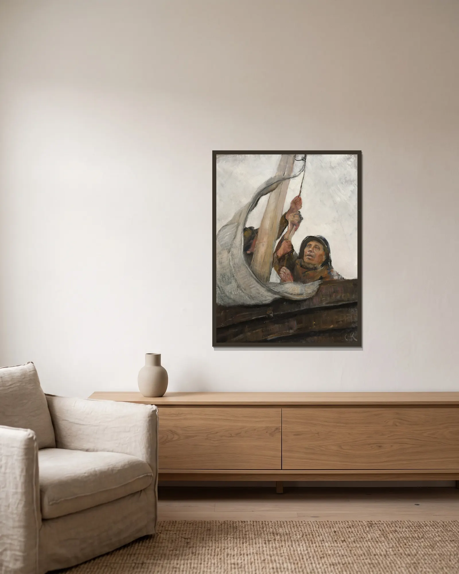 Setting Sail av Christian Krohg inramad på en vägg