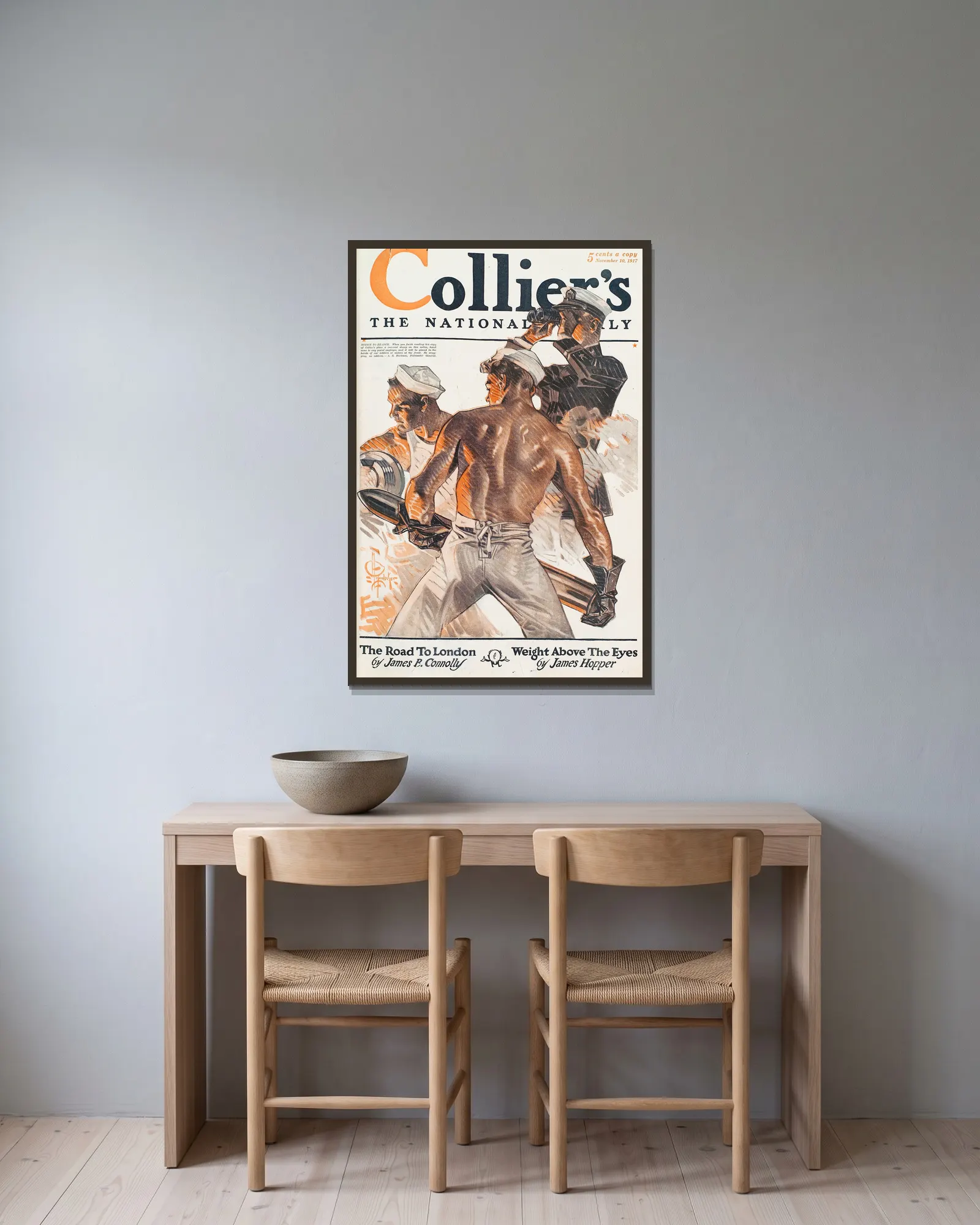 Colliers av Joseph Christian Leyendecker inramad på en vägg