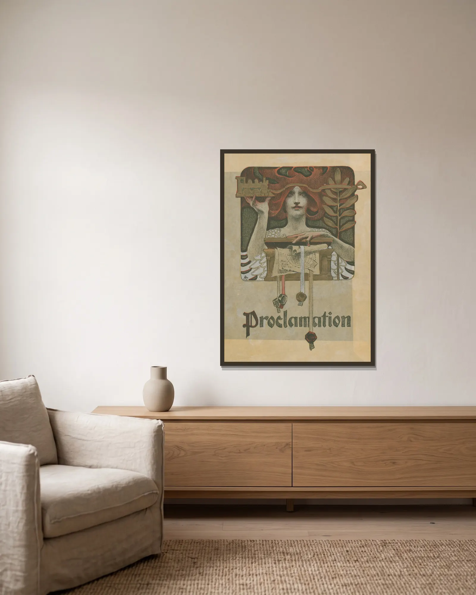 Proclamation av Joseph Christian Leyendecker inramad på en vägg