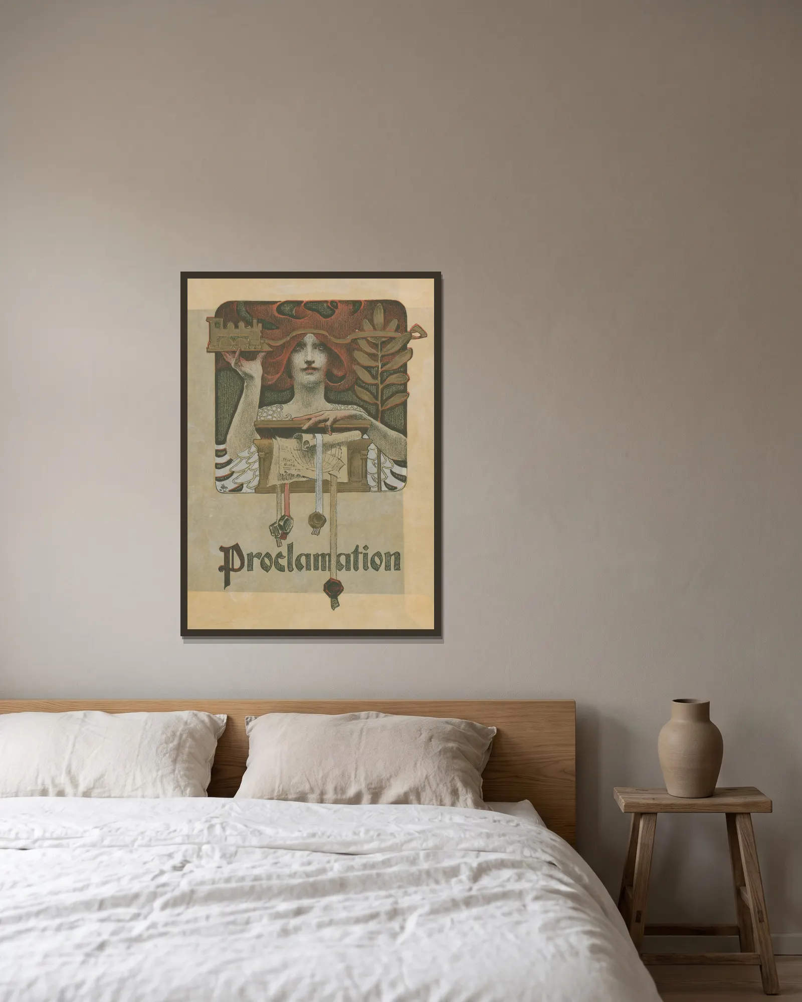 Proclamation av Joseph Christian Leyendecker inramad på en vägg