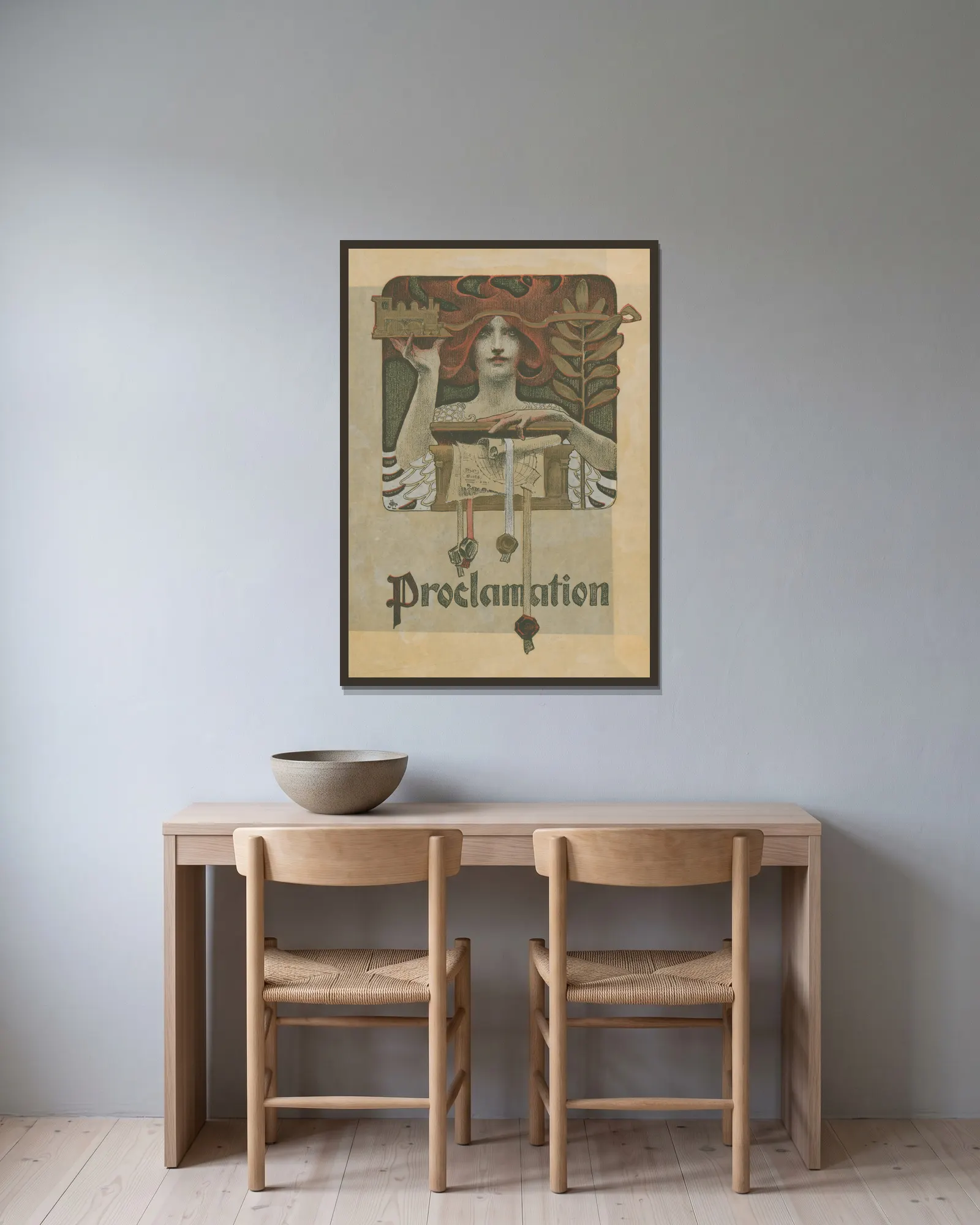 Proclamation av Joseph Christian Leyendecker inramad på en vägg