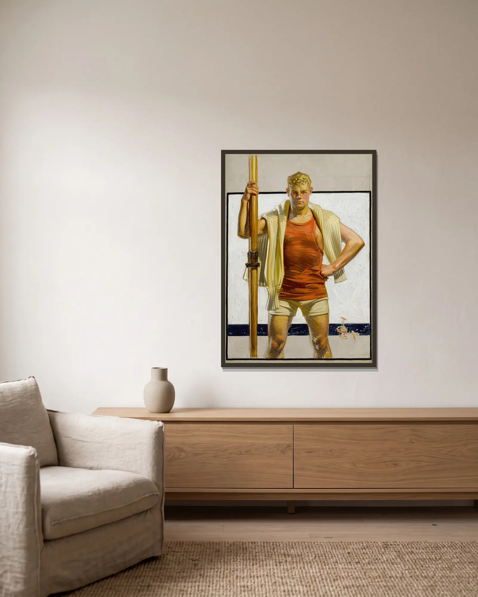 The Oarsman av Joseph Christian Leyendecker inramad på en vägg