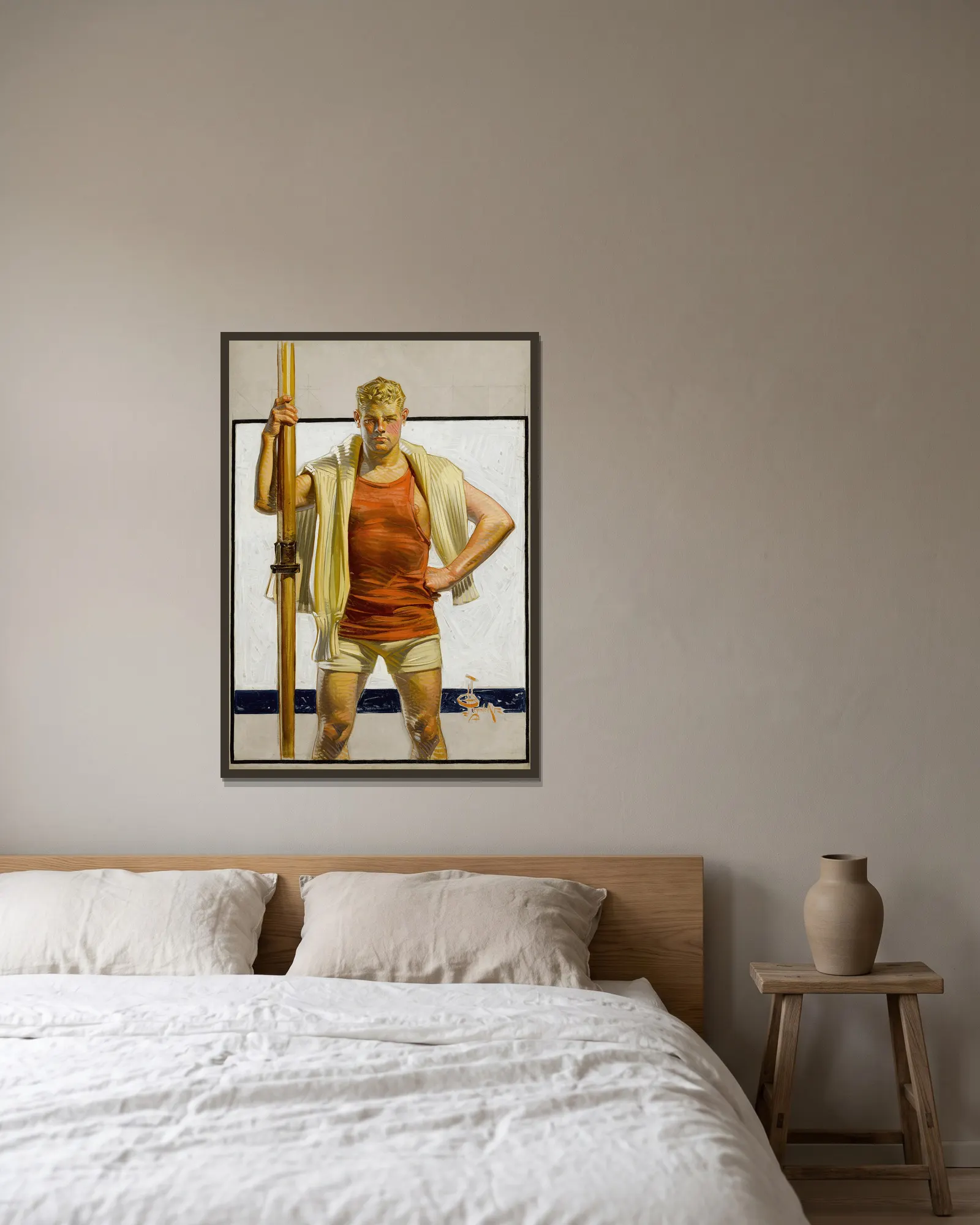 The Oarsman av Joseph Christian Leyendecker inramad på en vägg