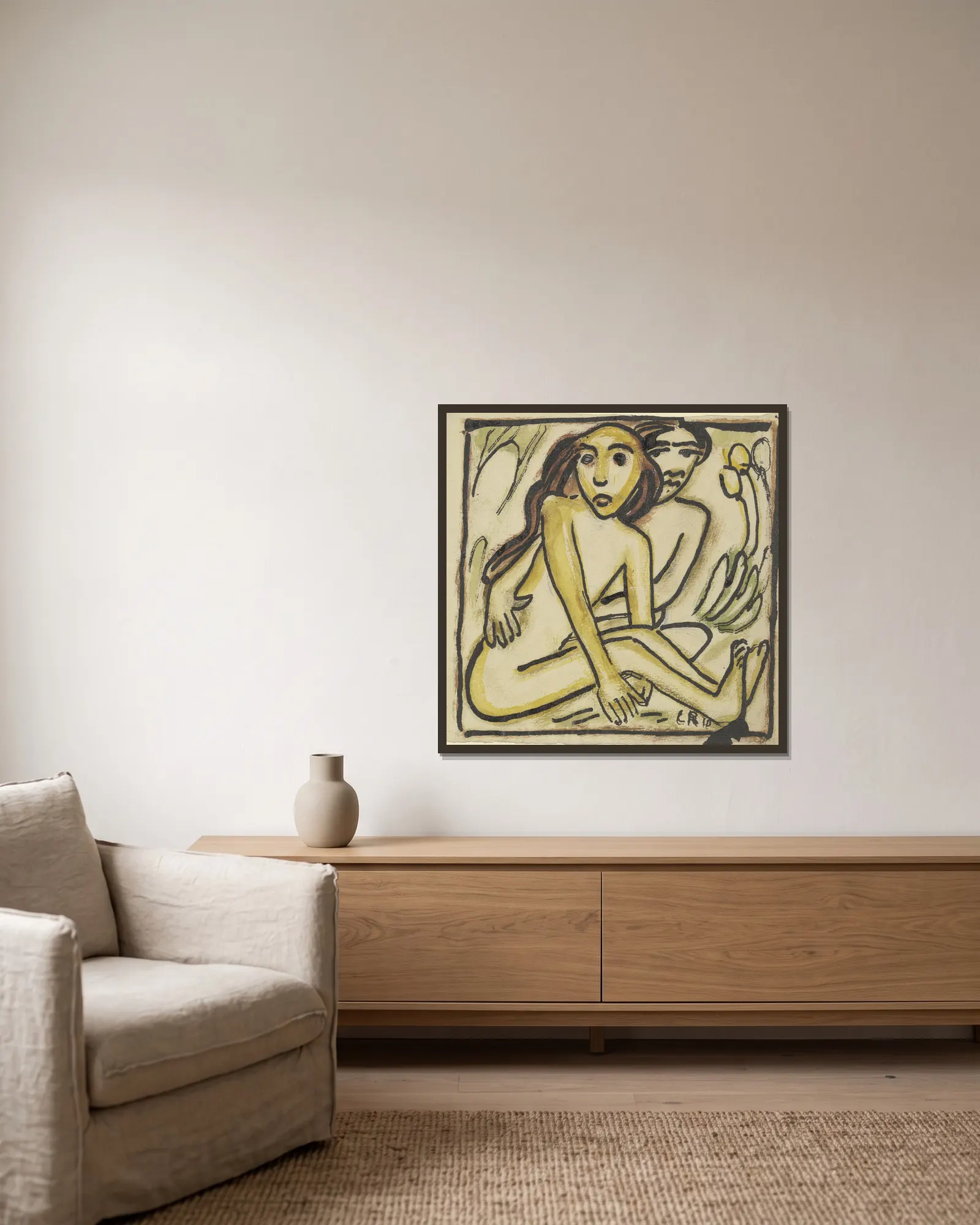 Sitting Couple (Nudes) av Christian Rohlfs inramad på en vägg