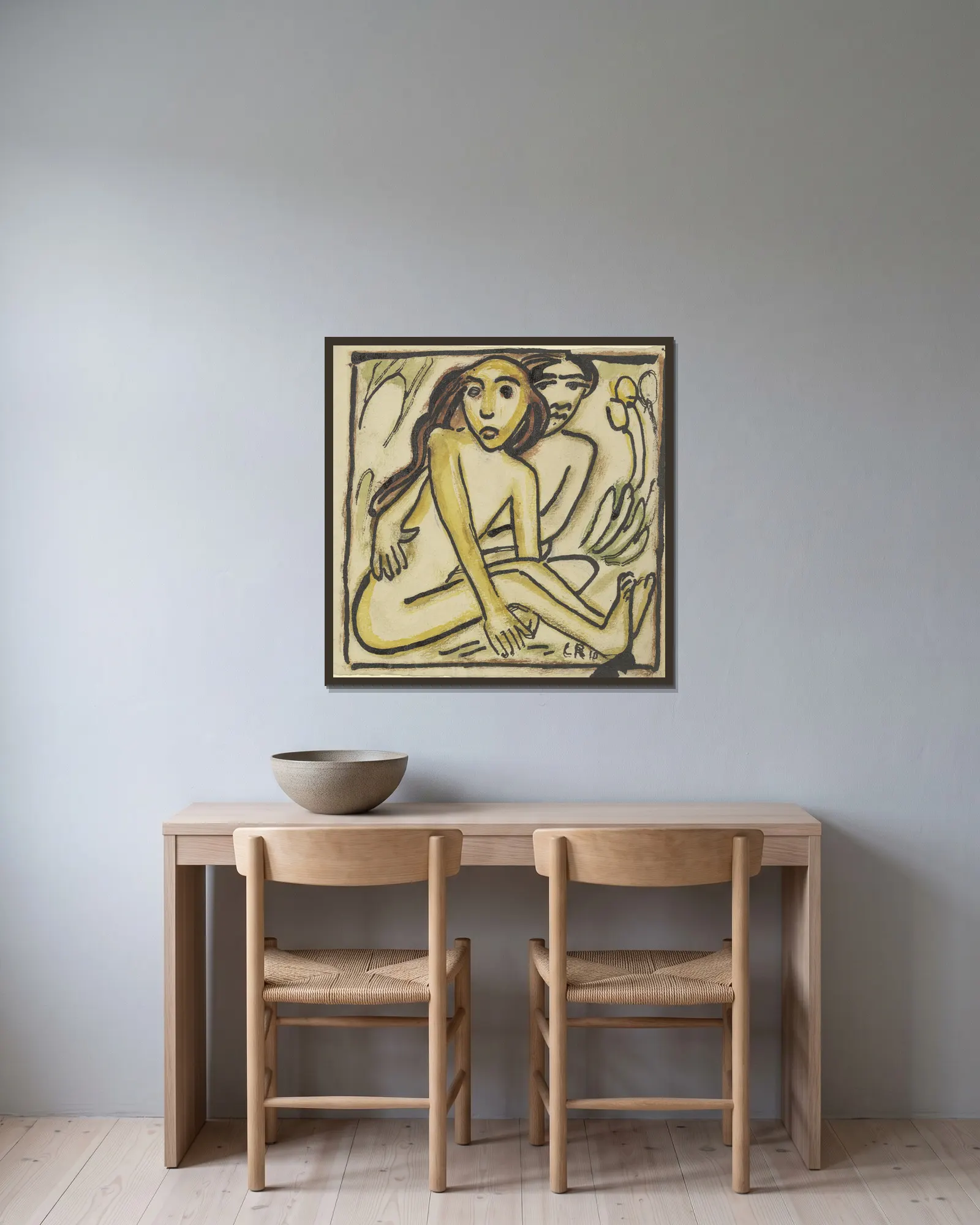 Sitting Couple (Nudes) av Christian Rohlfs inramad på en vägg