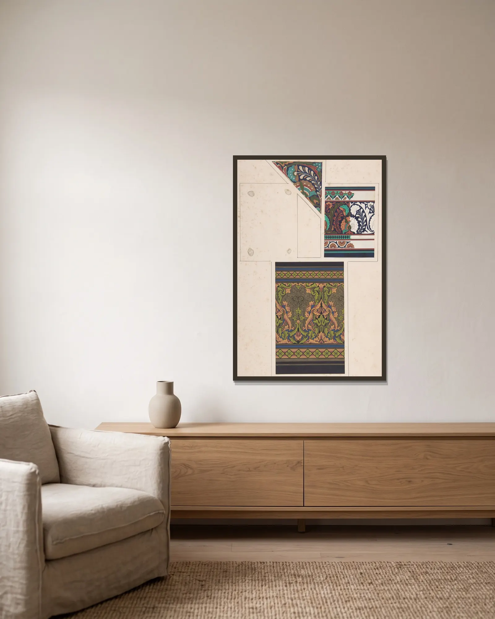 Design drawing av Christopher Dresser inramad på en vägg