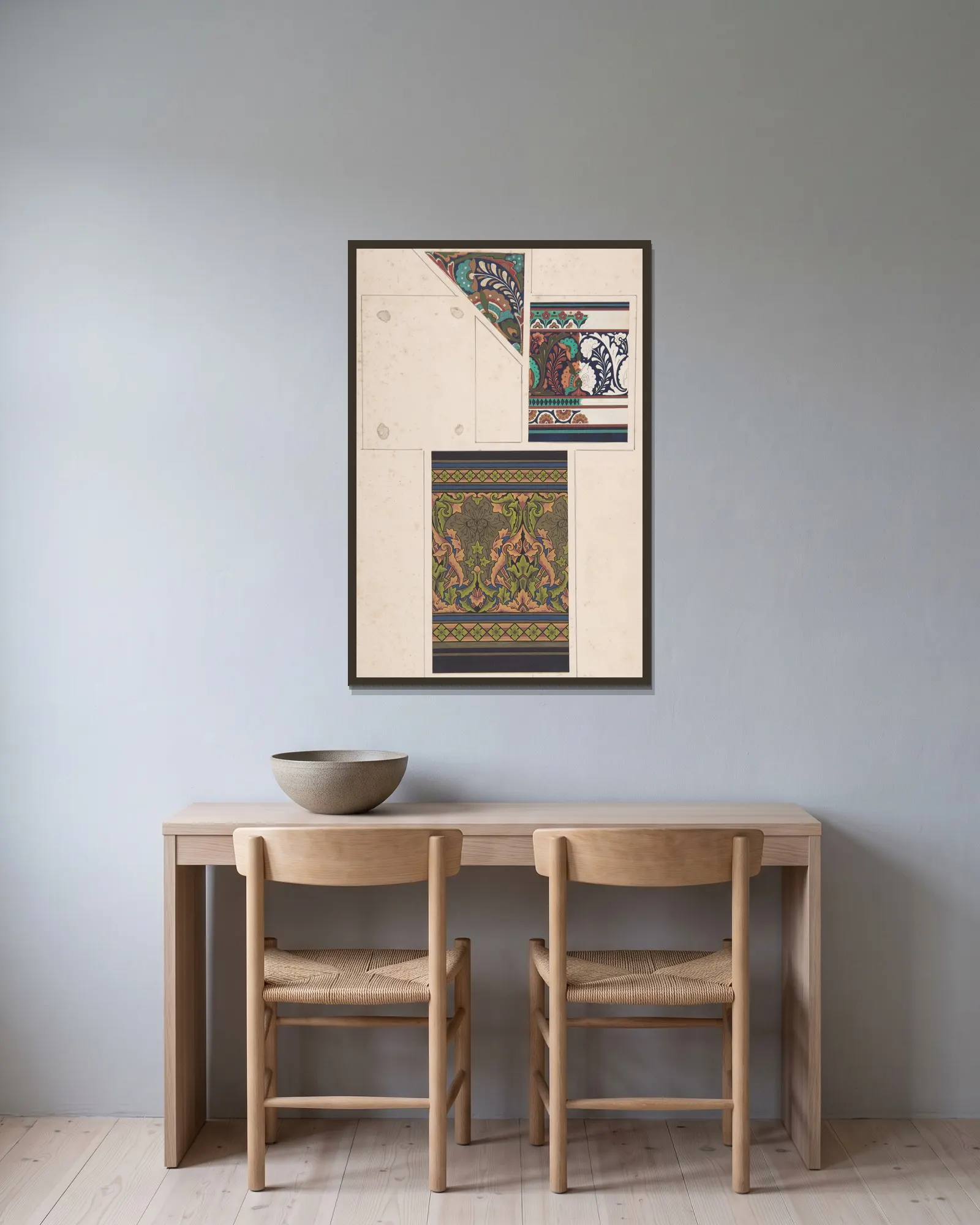 Design drawing av Christopher Dresser inramad på en vägg