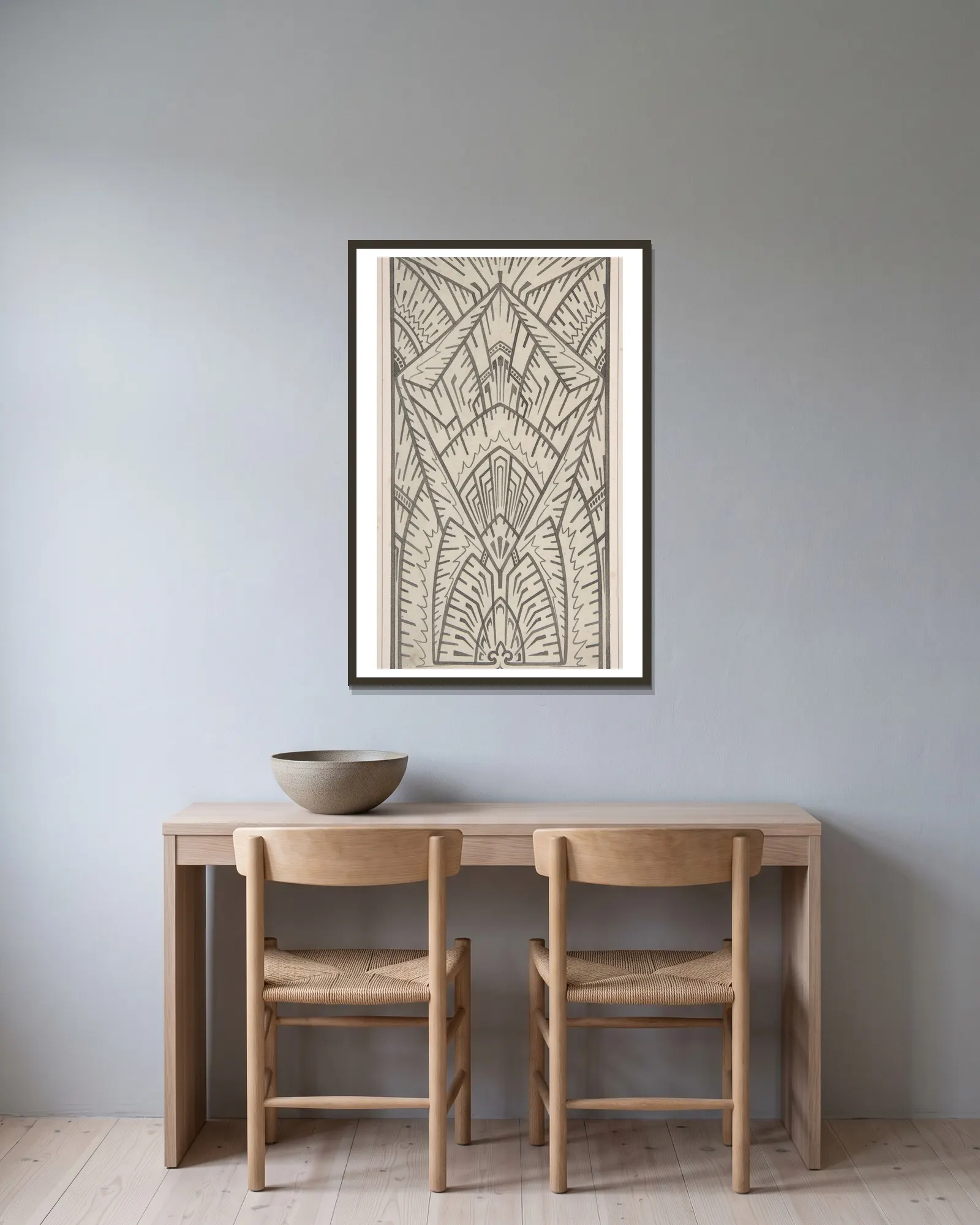 Design drawing av Christopher Dresser inramad på en vägg